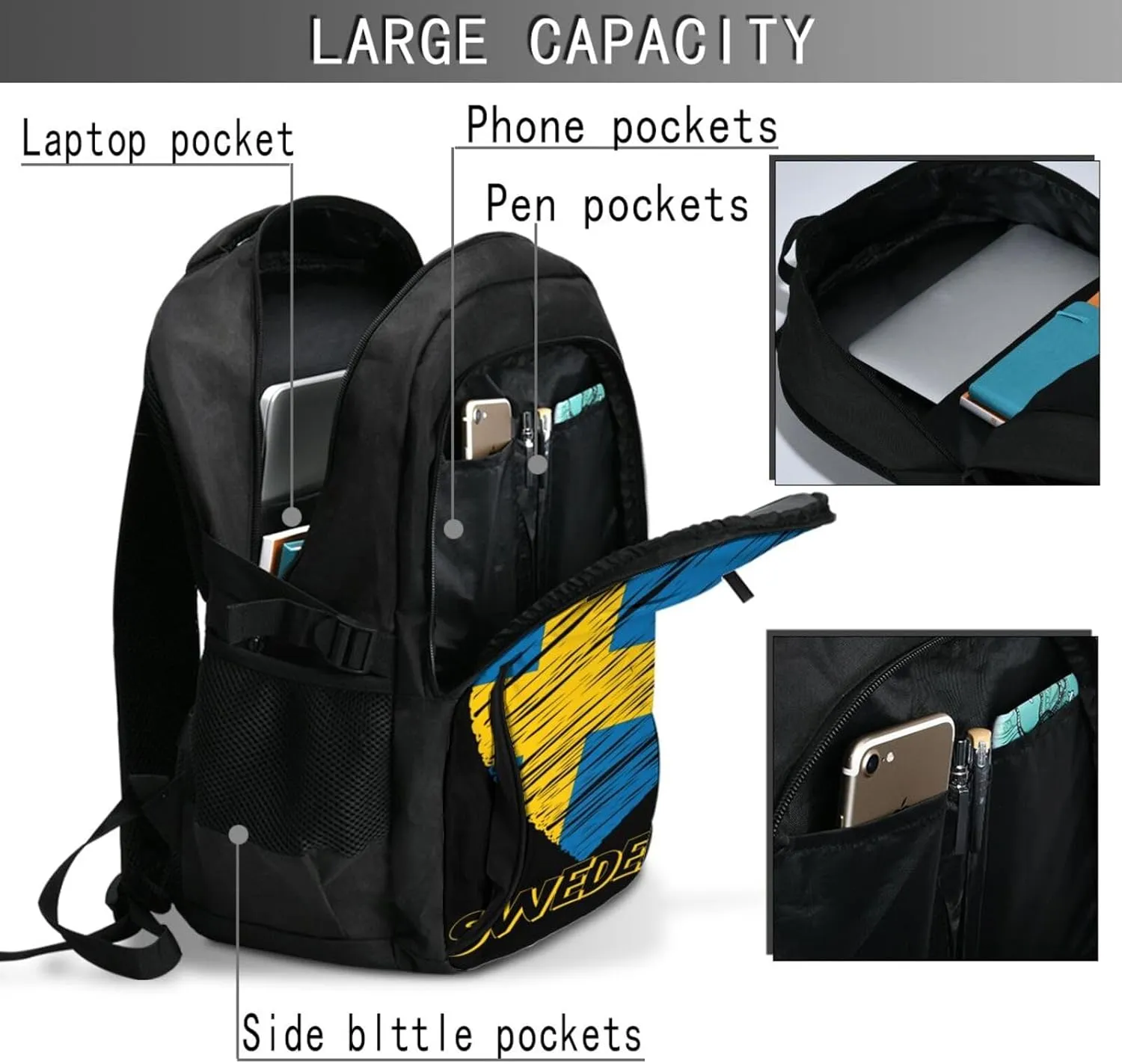 Swedish Sweden Flag Heart Business Laptop Backpack Travel Backpacks Outdoor Rucksack Large Bag Daypack with USB Charging Port Multi-Pocket for Hiking Camping