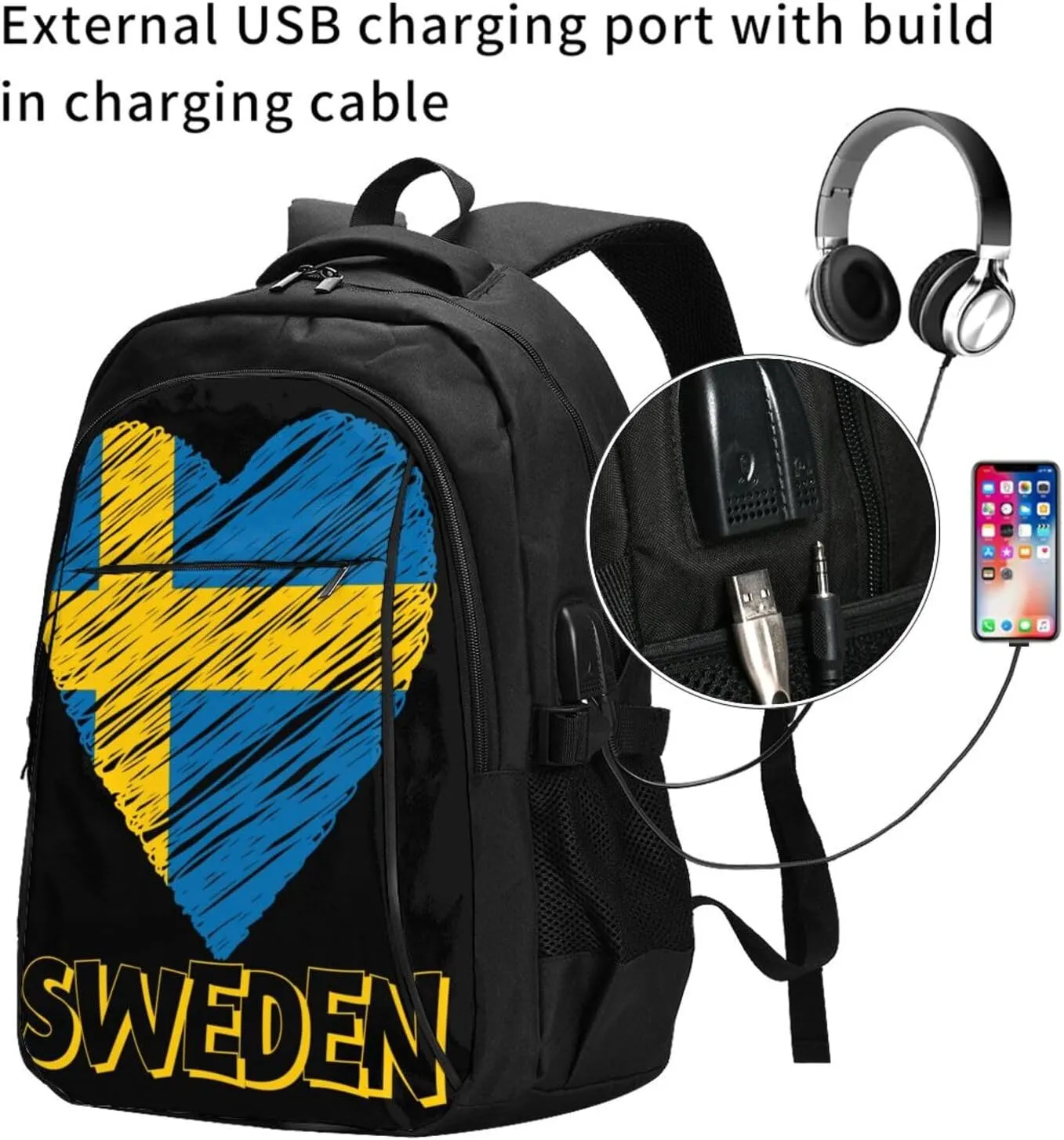 Swedish Sweden Flag Heart Business Laptop Backpack Travel Backpacks Outdoor Rucksack Large Bag Daypack with USB Charging Port Multi-Pocket for Hiking Camping