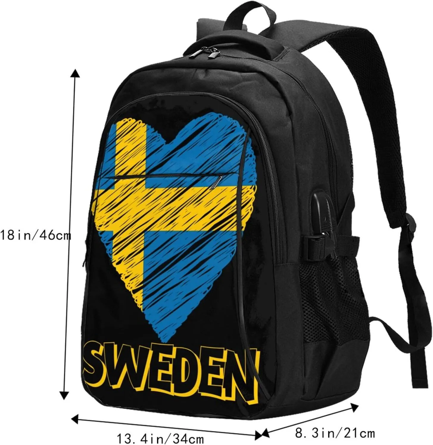 Swedish Sweden Flag Heart Business Laptop Backpack Travel Backpacks Outdoor Rucksack Large Bag Daypack with USB Charging Port Multi-Pocket for Hiking Camping