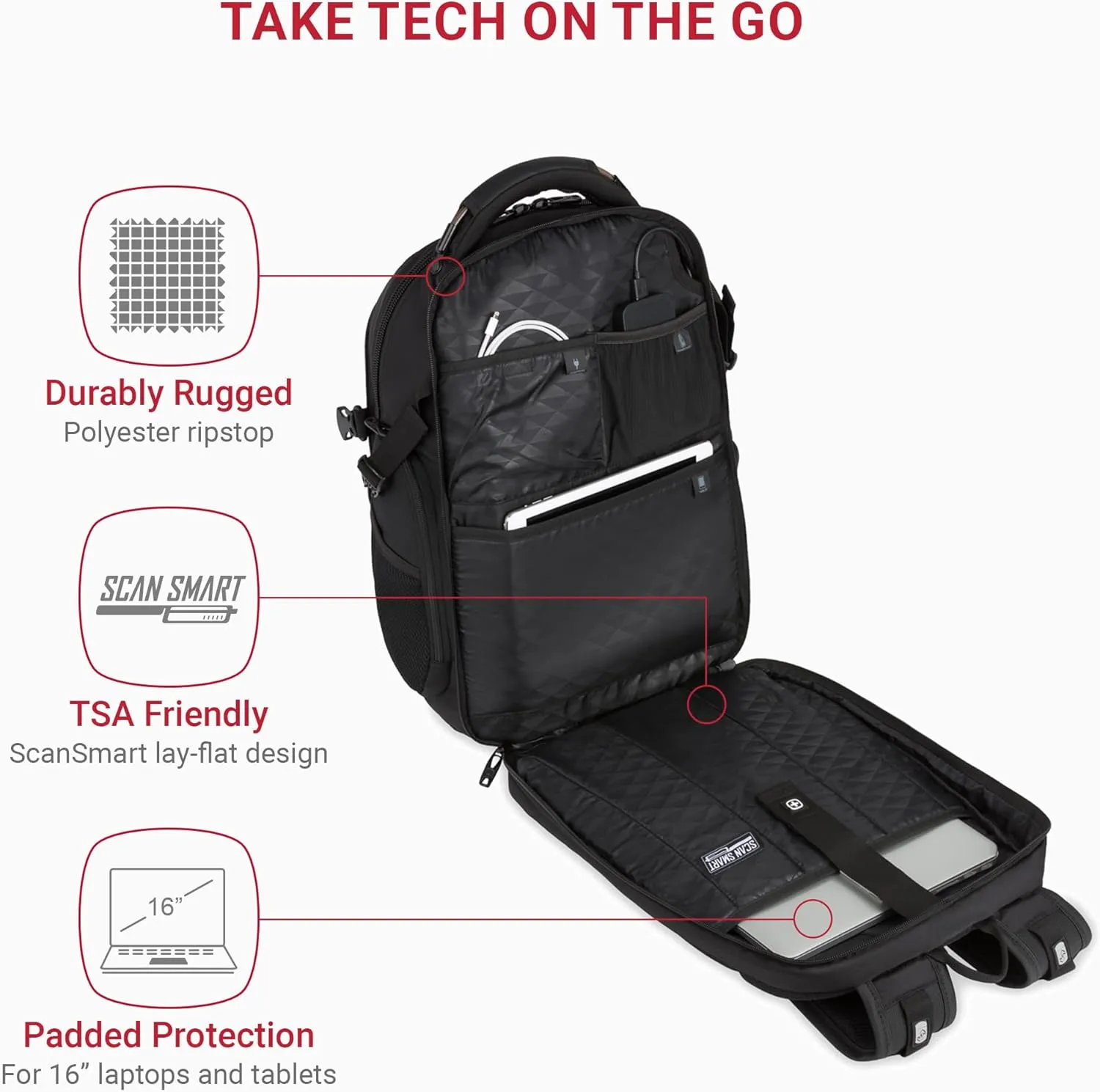 SwissGear Travel Tech Elite Laptop Backpack – Fits Laptops up to 16” – ScanSmart TSA-Friendly Backpack with USB Port, Shoe Compartment & Organizer Pockets – Black