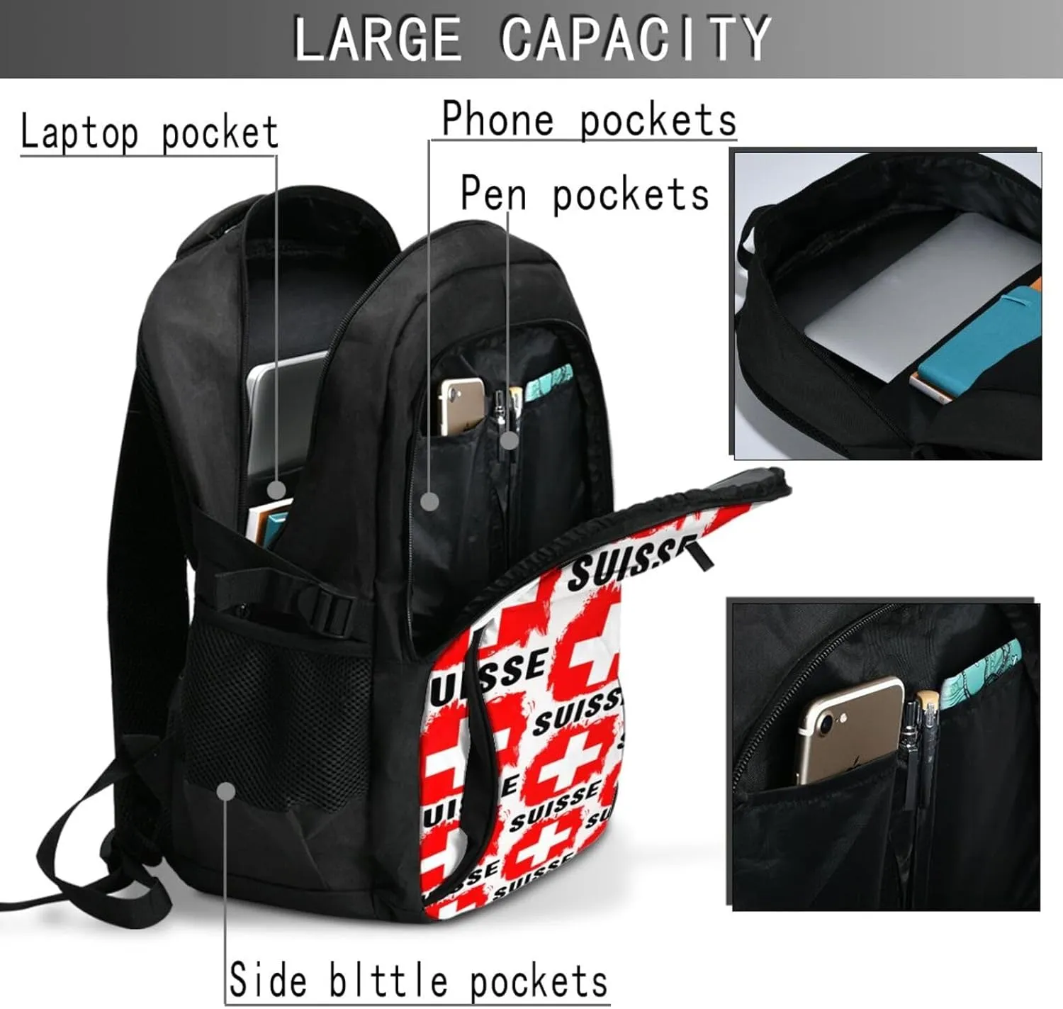 Switzerland Swiss Flag Business Laptop Backpack Travel Backpacks Outdoor Rucksack Large Bag Daypack with USB Charging Port Multi-Pocket for Hiking Camping