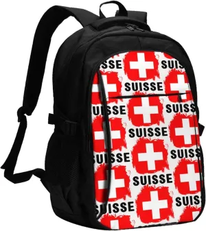 Switzerland Swiss Flag Business Laptop Backpack Travel Backpacks Outdoor Rucksack Large Bag Daypack with USB Charging Port Multi-Pocket for Hiking Camping