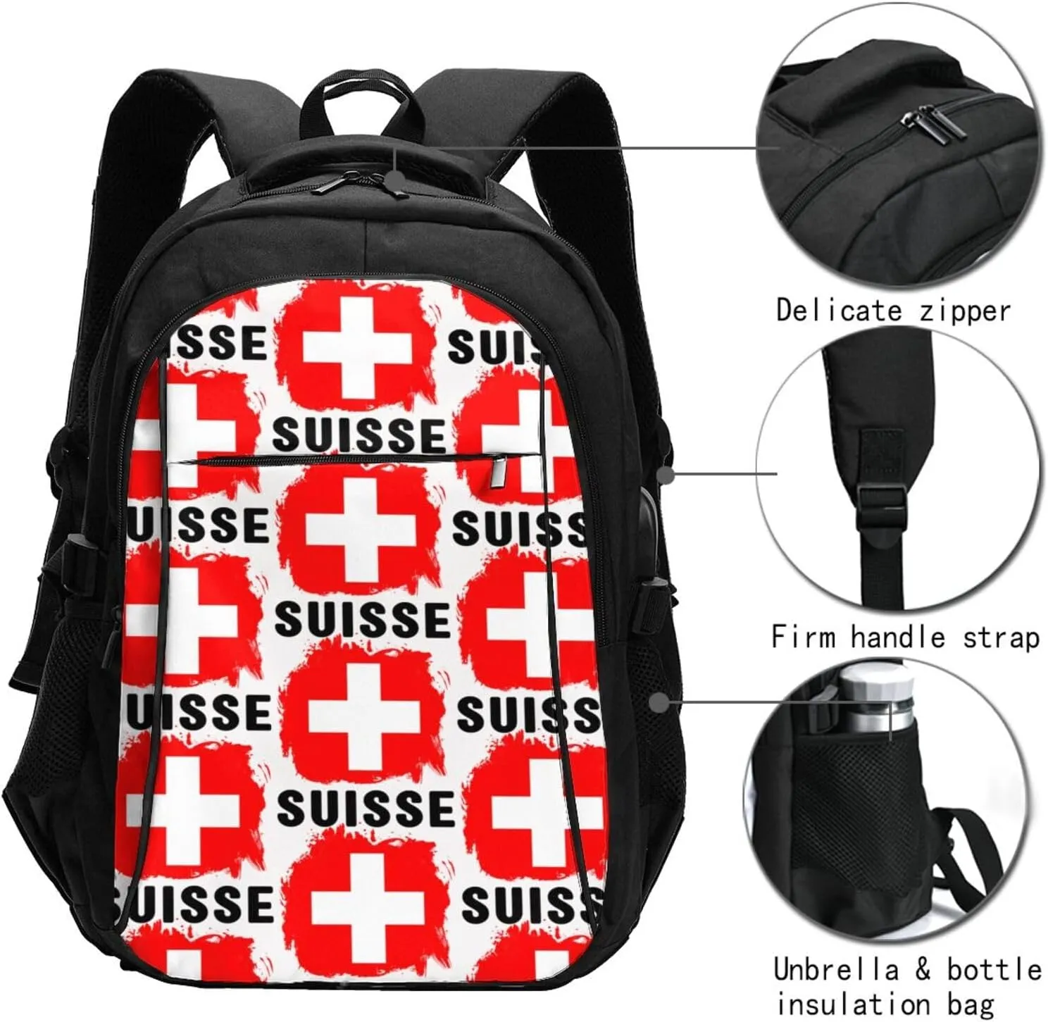 Switzerland Swiss Flag Business Laptop Backpack Travel Backpacks Outdoor Rucksack Large Bag Daypack with USB Charging Port Multi-Pocket for Hiking Camping