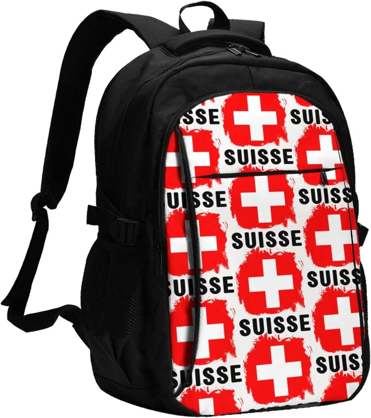 Switzerland Swiss Flag Business Laptop Backpack Travel Backpacks Outdoor Rucksack Large Bag Daypack with USB Charging Port Multi-Pocket for Hiking Camping