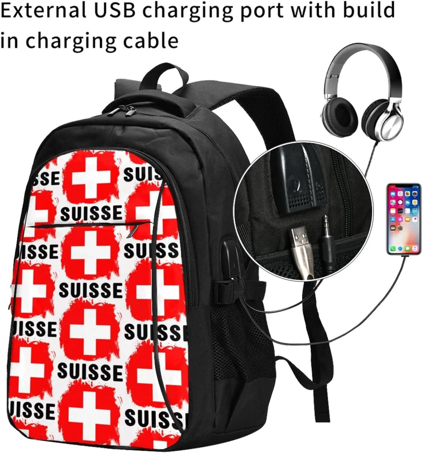 Switzerland Swiss Flag Business Laptop Backpack Travel Backpacks Outdoor Rucksack Large Bag Daypack with USB Charging Port Multi-Pocket for Hiking Camping