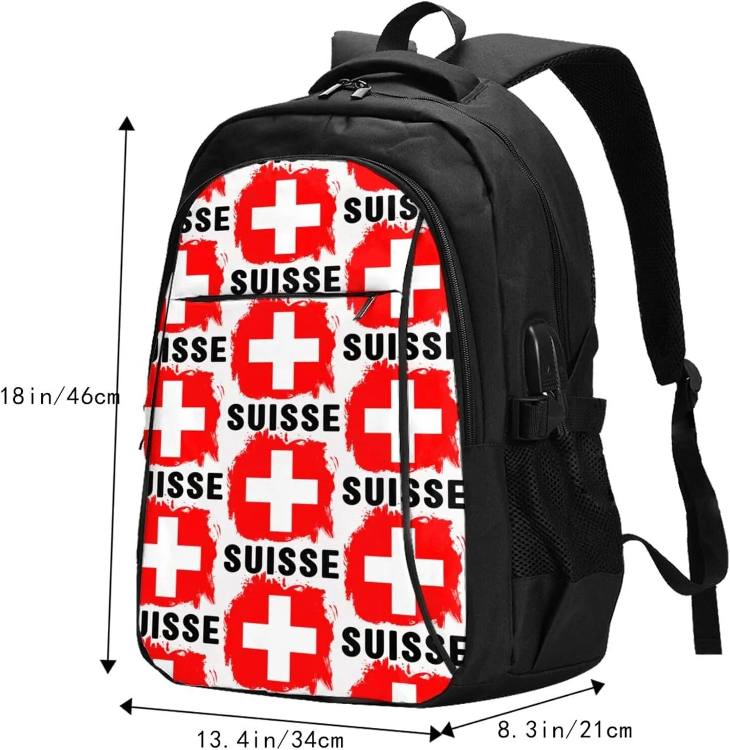 Switzerland Swiss Flag Business Laptop Backpack Travel Backpacks Outdoor Rucksack Large Bag Daypack with USB Charging Port Multi-Pocket for Hiking Camping
