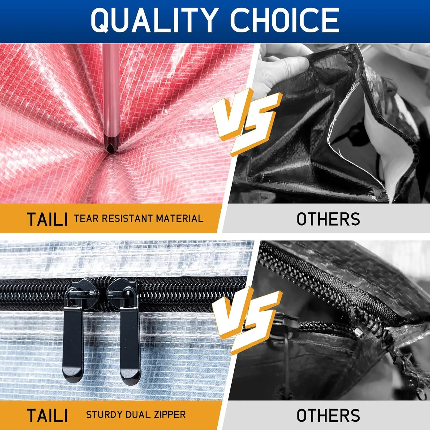 TAILI Heavy Duty Moving Bags, Clothing Storage Bags with Sturdy Zipper and Strong Handles, Clear Clothes Storage Bins, Extra Large Tote for Moving Supplies, Better than Boxes (6-Pack)
