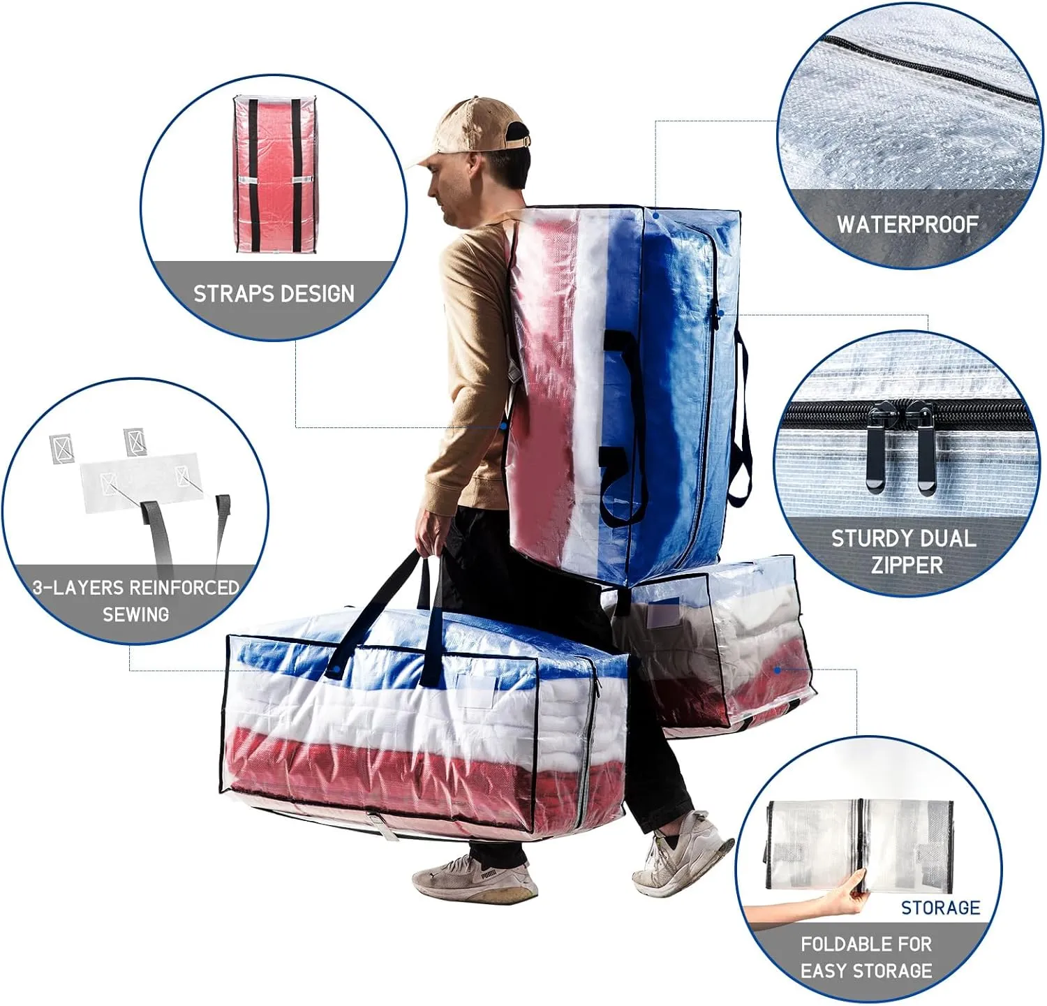 TAILI Heavy Duty Moving Bags, Clothing Storage Bags with Sturdy Zipper and Strong Handles, Clear Clothes Storage Bins, Extra Large Tote for Moving Supplies, Better than Boxes (6-Pack)
