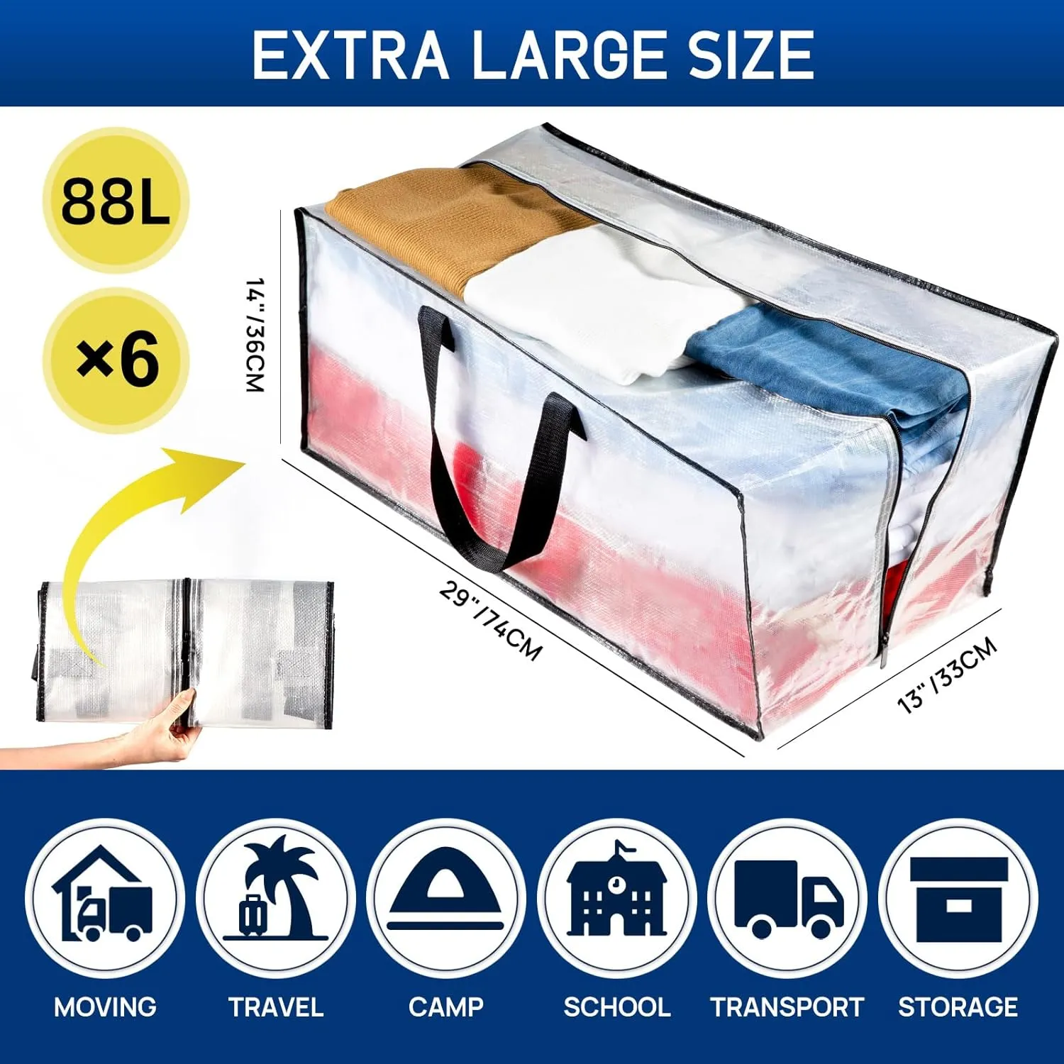 TAILI Heavy Duty Moving Bags, Clothing Storage Bags with Sturdy Zipper and Strong Handles, Clear Clothes Storage Bins, Extra Large Tote for Moving Supplies, Better than Boxes (6-Pack)