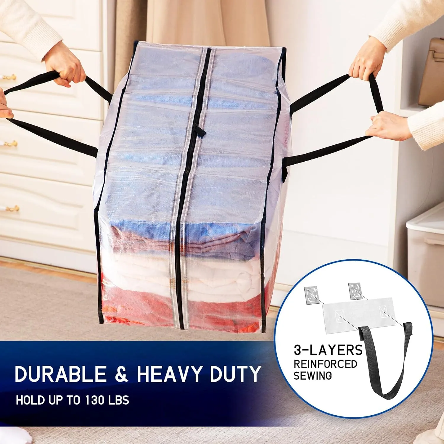 TAILI Heavy Duty Moving Bags, Clothing Storage Bags with Sturdy Zipper and Strong Handles, Clear Clothes Storage Bins, Extra Large Tote for Moving Supplies, Better than Boxes (6-Pack)