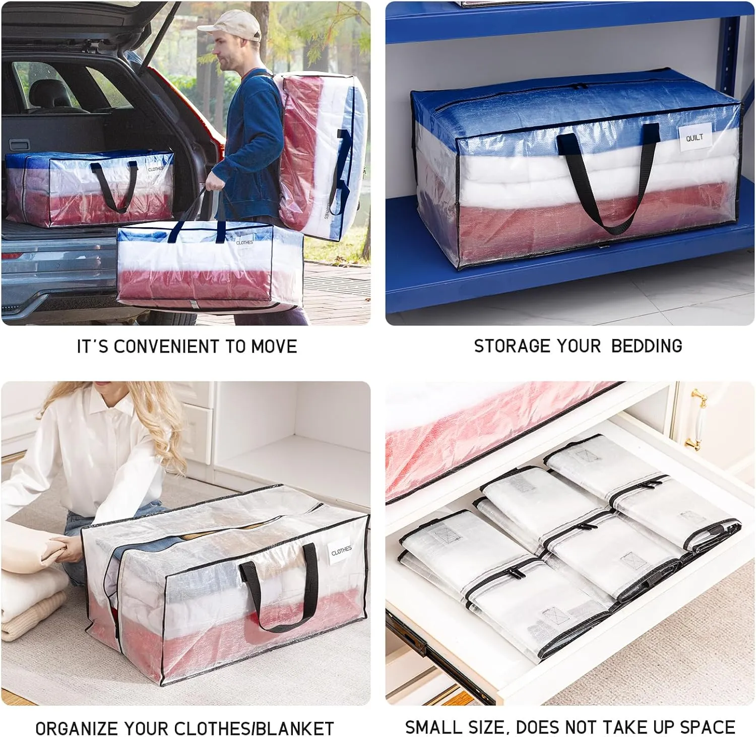 TAILI Heavy Duty Moving Bags, Clothing Storage Bags with Sturdy Zipper and Strong Handles, Clear Clothes Storage Bins, Extra Large Tote for Moving Supplies, Better than Boxes (6-Pack)
