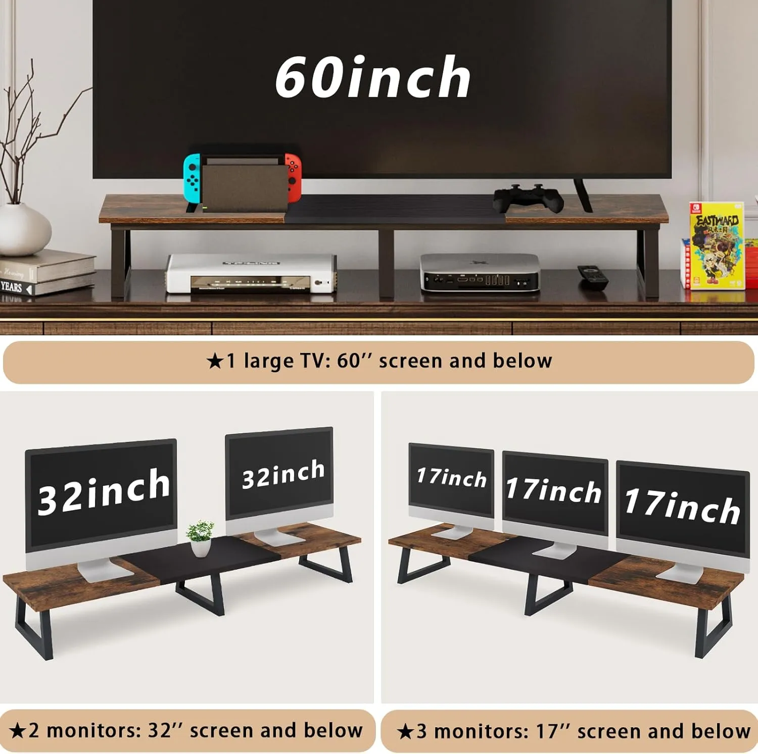 TEAMIX 42 inch Large Dual Monitor Riser, Extra Long Monitor Stand Riser Wide TV Stand Riser Monitor Stand for 2 Monitors Wood & Steel Desktop Riser Desk Organization Home Office