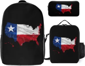 Texas Flag Map 3PCS Laptop Backpack Set 17 Inch Lightweight Daypack with Lunch Box Pencil Case for Men Women