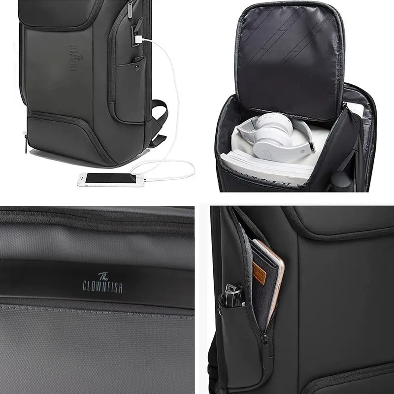 THE CLOWNFISH Water Resistant Polyester Anti-Theft Unisex Travel Laptop Backpack With Usb Charging Port (Black), 21 Litres
