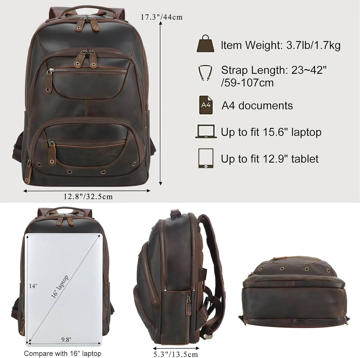 TIDING Vintage Leather Backpack for Men 16" Laptop Bag