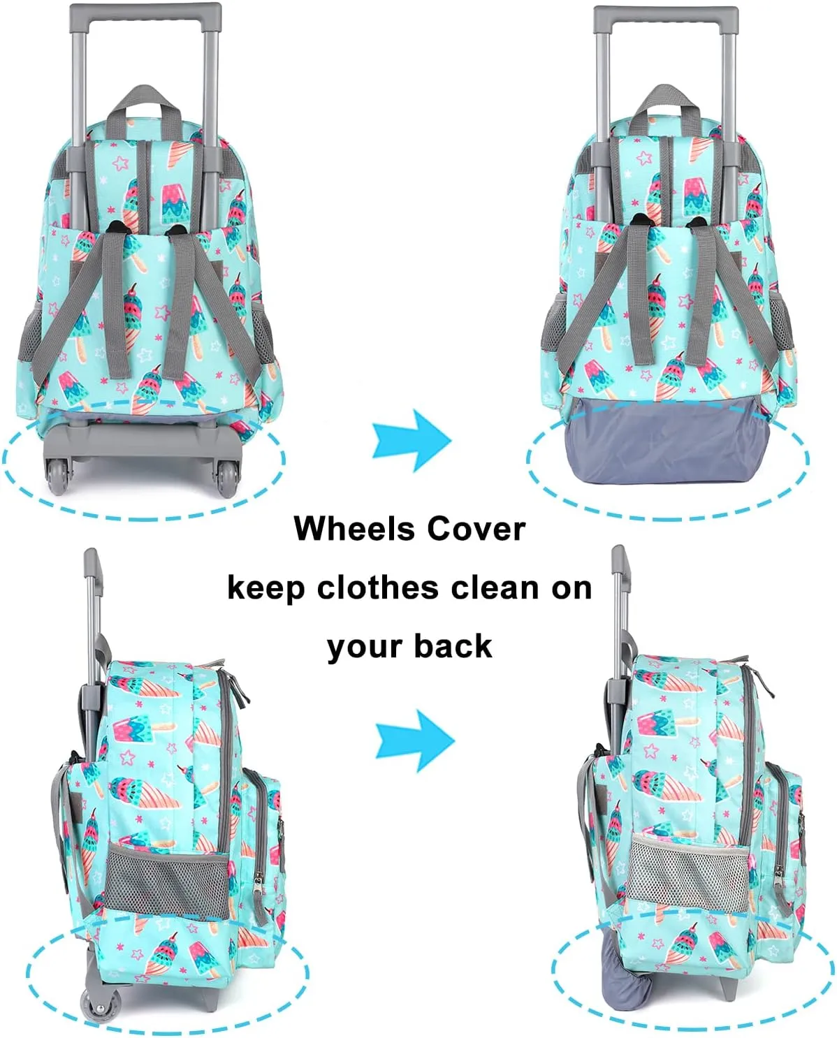 Tilami Rolling Backpack 18 inch Double Handle with Lunch Bag Wheeled Kids Backpack, Icecream Green