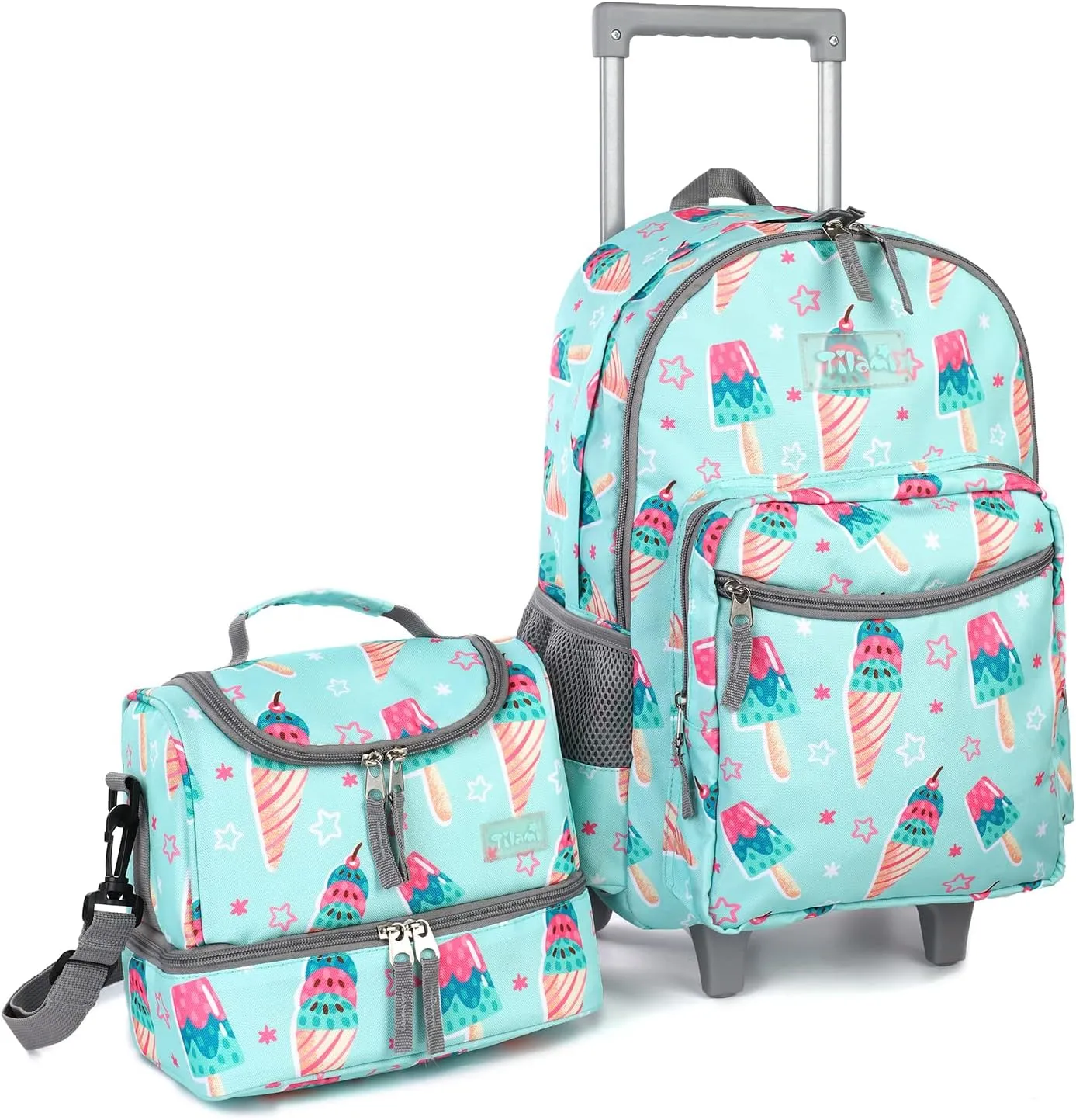 Tilami Rolling Backpack 18 inch Double Handle with Lunch Bag Wheeled Kids Backpack, Icecream Green