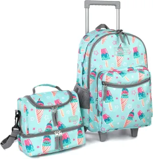 Tilami Rolling Backpack 18 inch Double Handle with Lunch Bag Wheeled Kids Backpack, Icecream Green