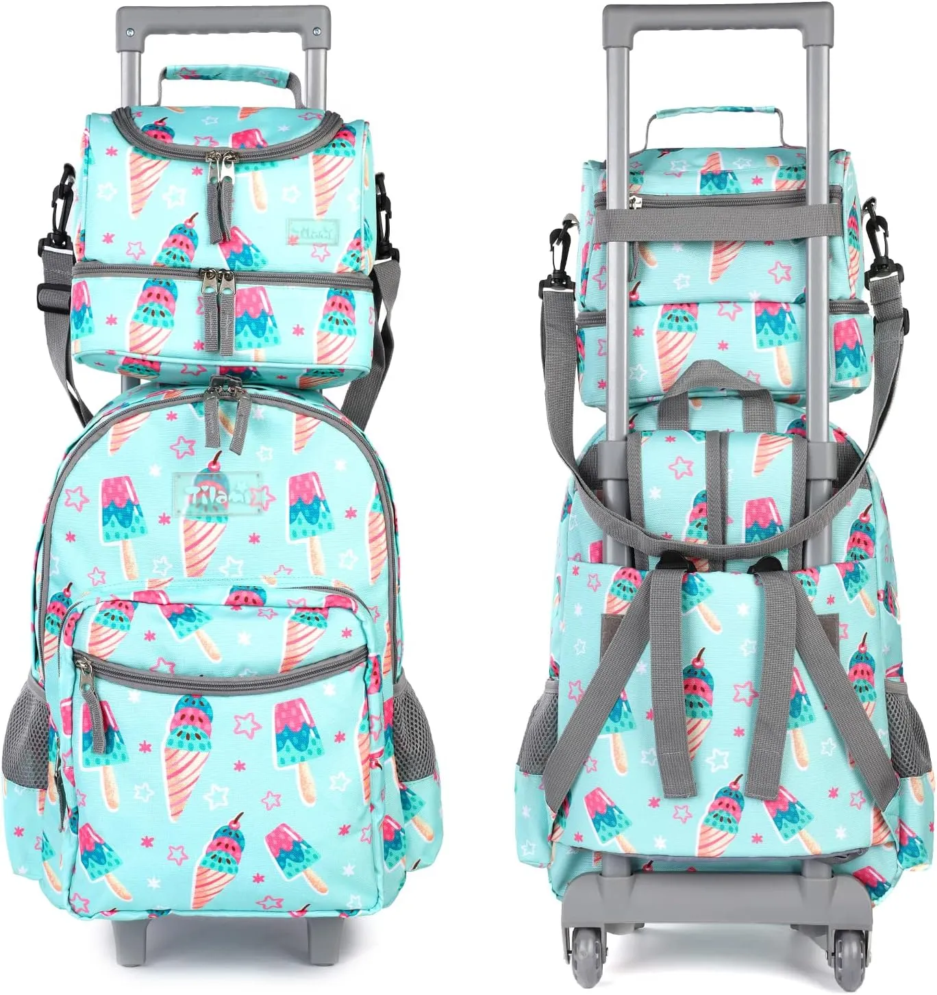 Tilami Rolling Backpack 18 inch Double Handle with Lunch Bag Wheeled Kids Backpack, Icecream Green
