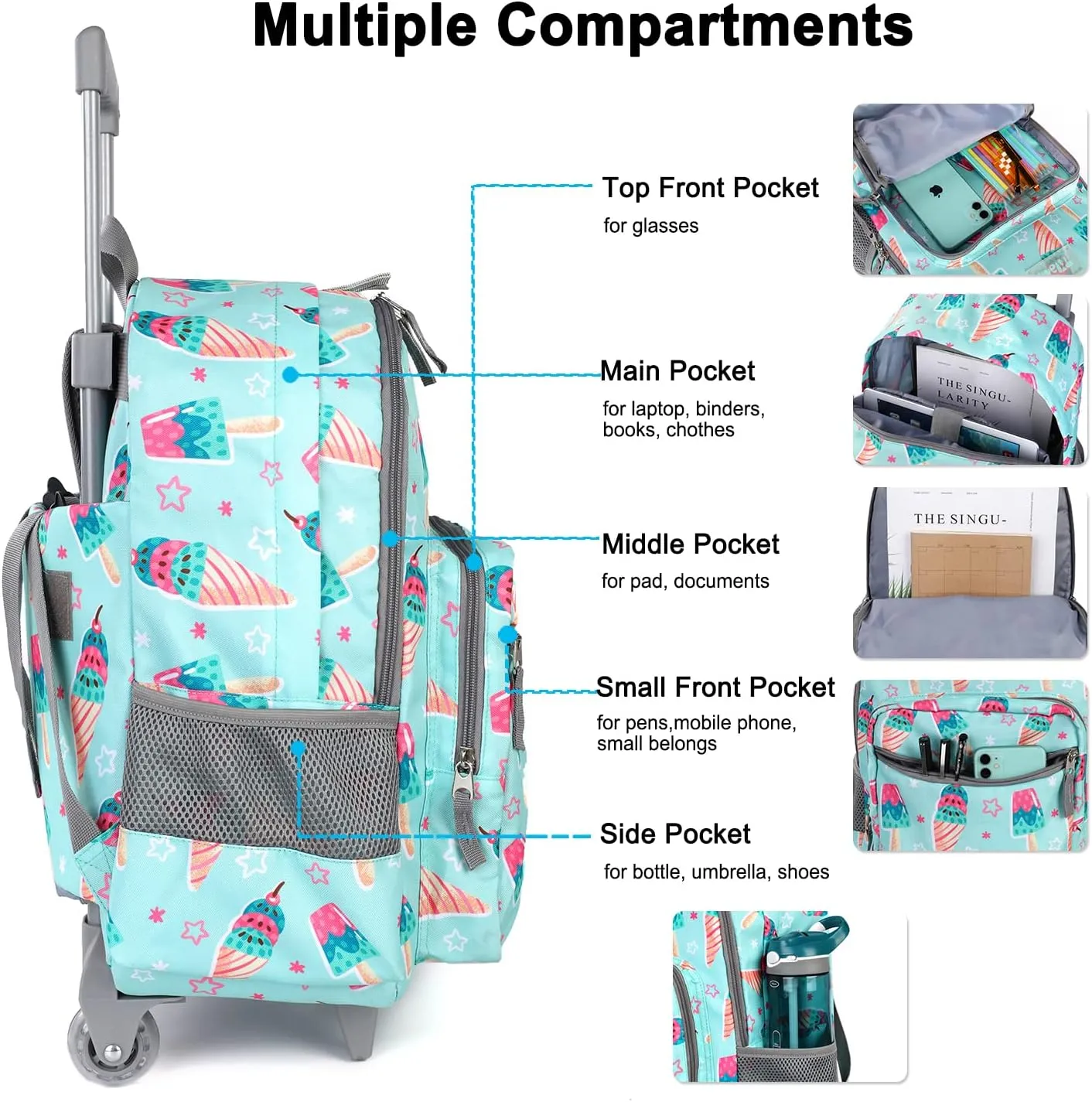 Tilami Rolling Backpack 18 inch Double Handle with Lunch Bag Wheeled Kids Backpack, Icecream Green