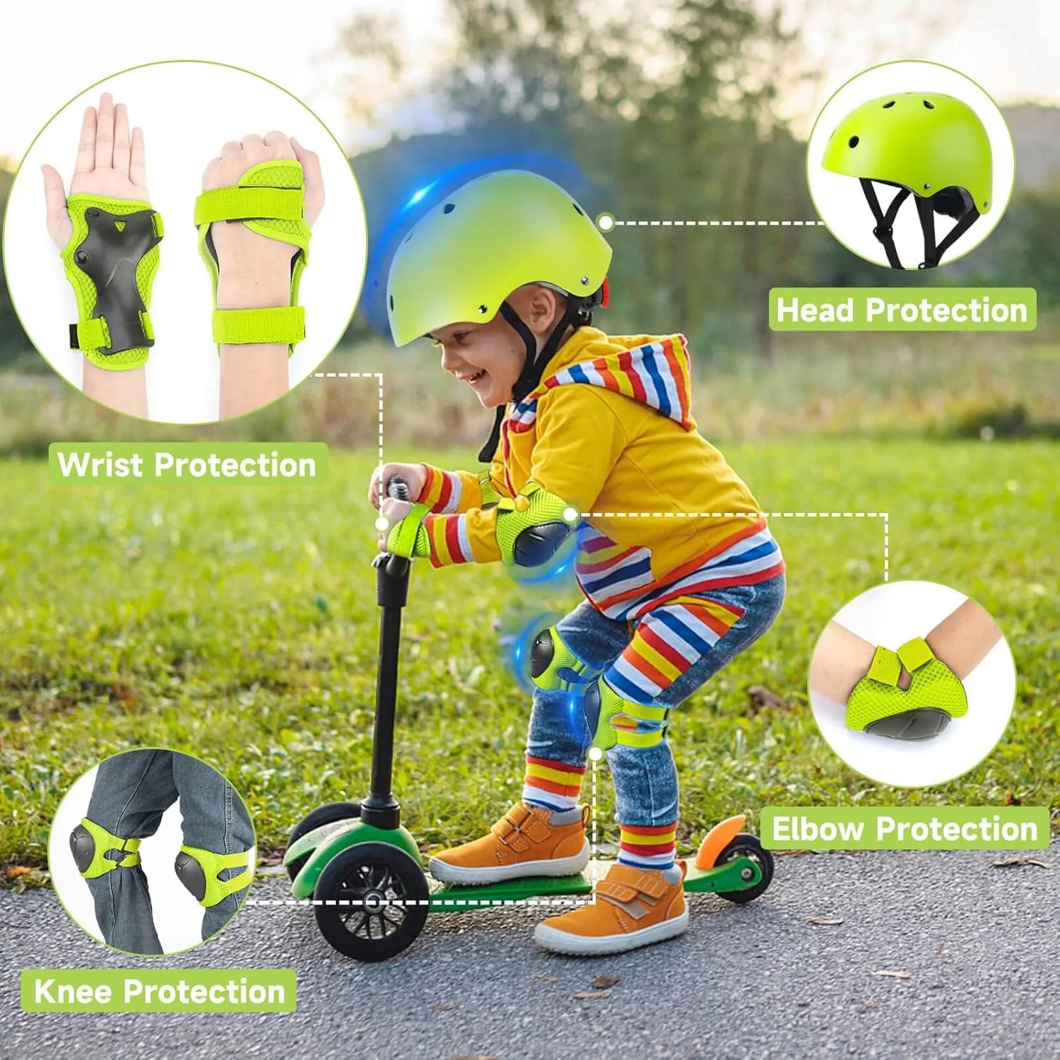 Toddler Kids Bike Helmet Set - Adjustable Cycling Helmet with Knee, Elbow Pads & Wrist Guards Sport Protective Gear Little Kid