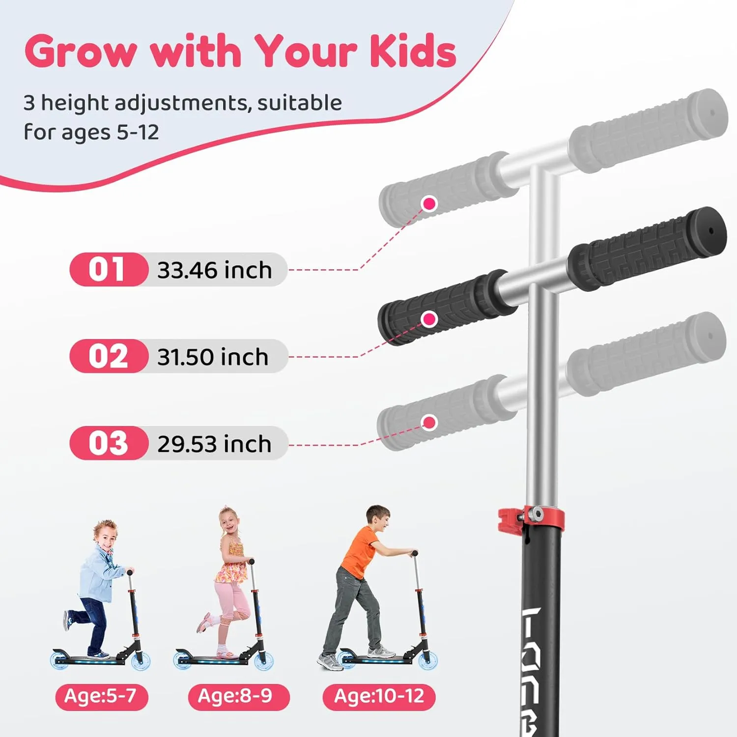 TONBUX Scooters for Kids 5-7, 2 Wheel Scooters with Cool Light Up Stem, Wheels, and Deck, 3 Level Adjustable Height Kick Scooter, Foldable and Lightweight Scooter for Kids 8-12