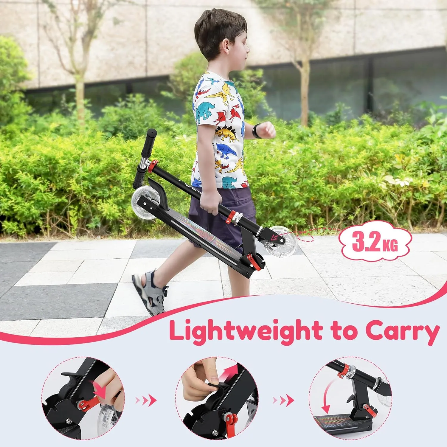 TONBUX Scooters for Kids 5-7, 2 Wheel Scooters with Cool Light Up Stem, Wheels, and Deck, 3 Level Adjustable Height Kick Scooter, Foldable and Lightweight Scooter for Kids 8-12