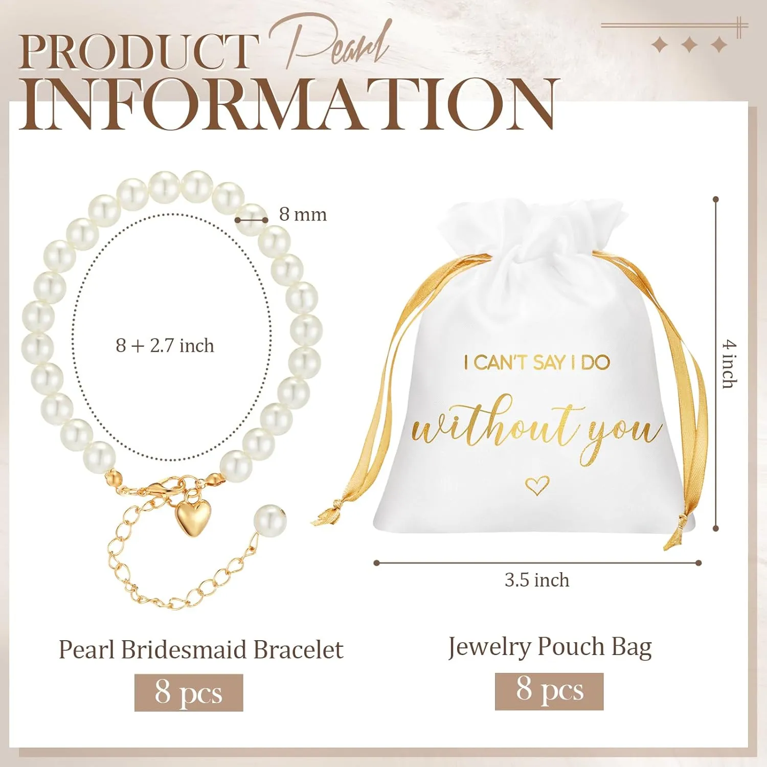 Tondiamo 16 Pcs 8 Pack Bridesmaid Proposal Bracelets with Heart and Jewelry Pouches I Can't Say I Do Without You Pearl Beaded Bridesmaid Proposal Gifts for Bridal Shower Favor Gift
