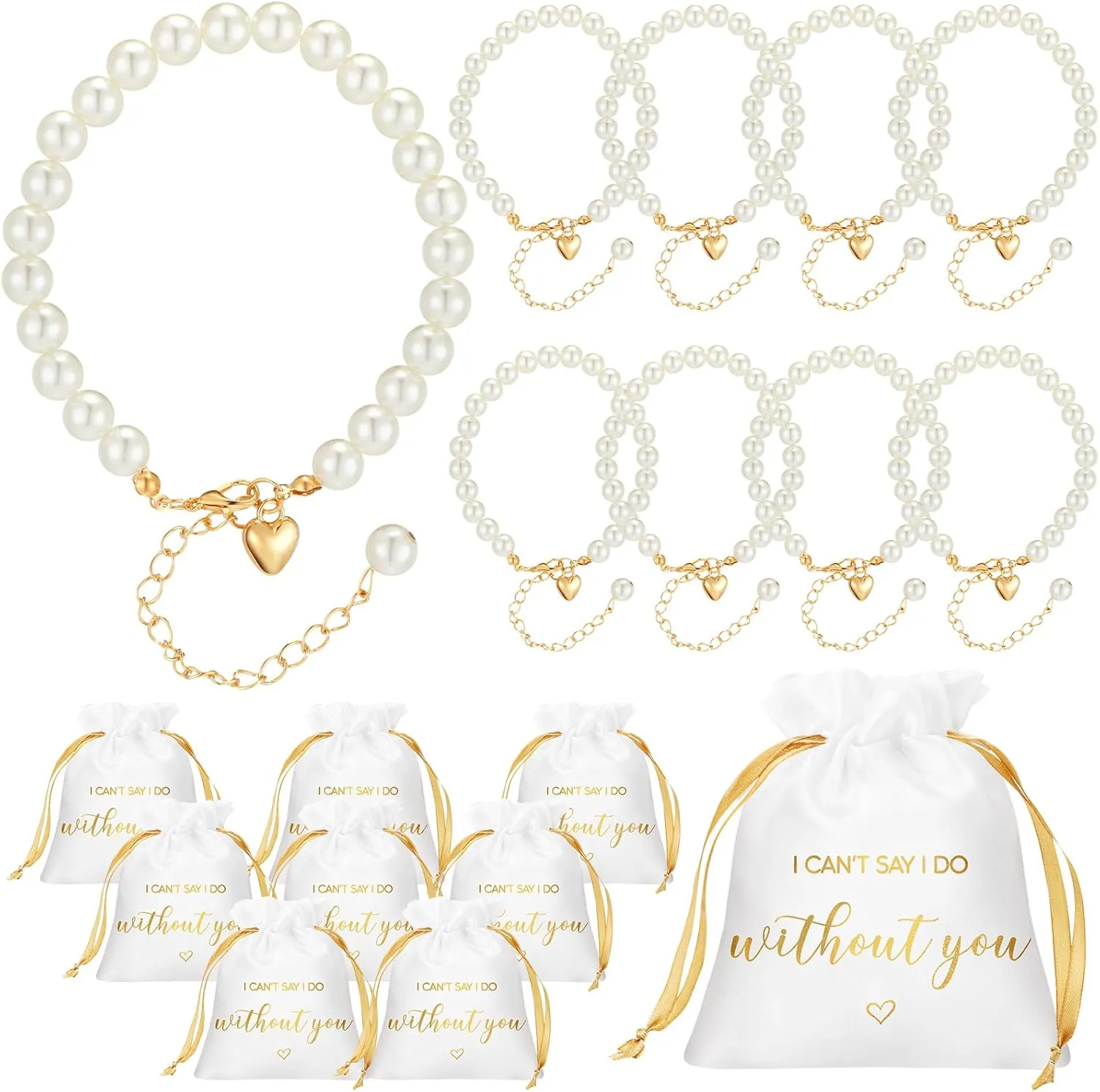 Tondiamo 16 Pcs 8 Pack Bridesmaid Proposal Bracelets with Heart and Jewelry Pouches I Can't Say I Do Without You Pearl Beaded Bridesmaid Proposal Gifts for Bridal Shower Favor Gift