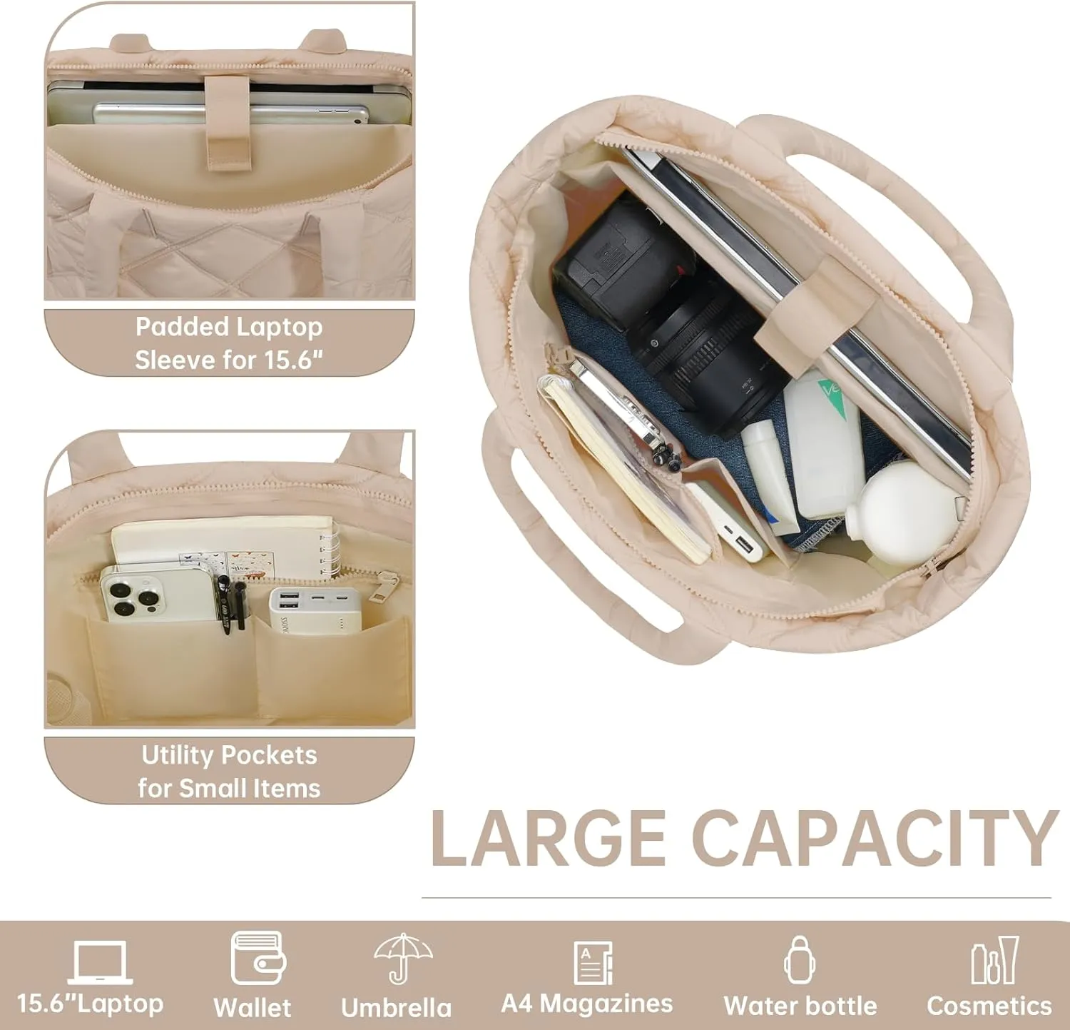 Tote Bag for Women, Puffer Bag with 15.6 Inch Compartment and Multi Pocket for Travel, Work, Gym