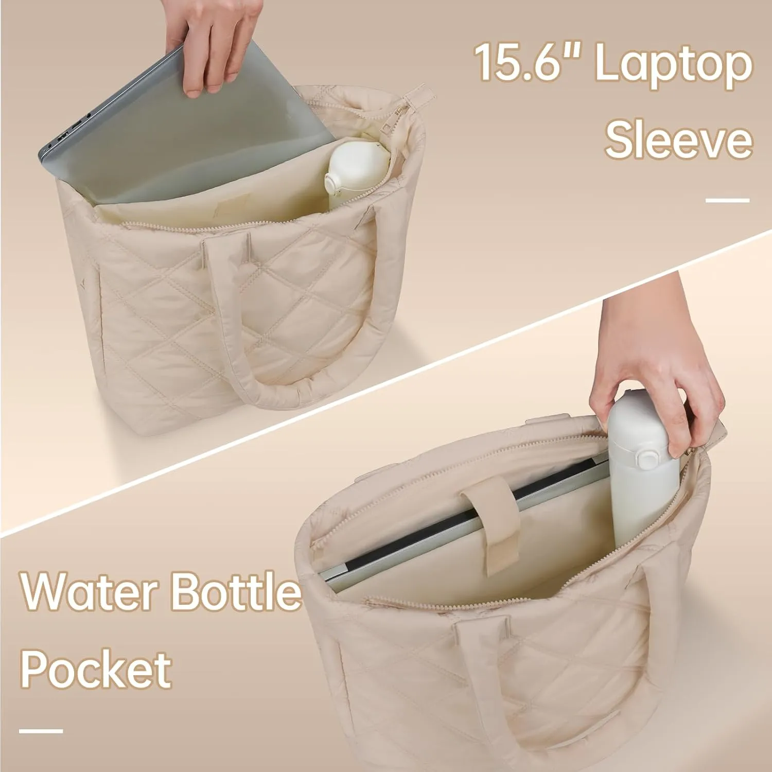 Tote Bag for Women, Puffer Bag with 15.6 Inch Compartment and Multi Pocket for Travel, Work, Gym