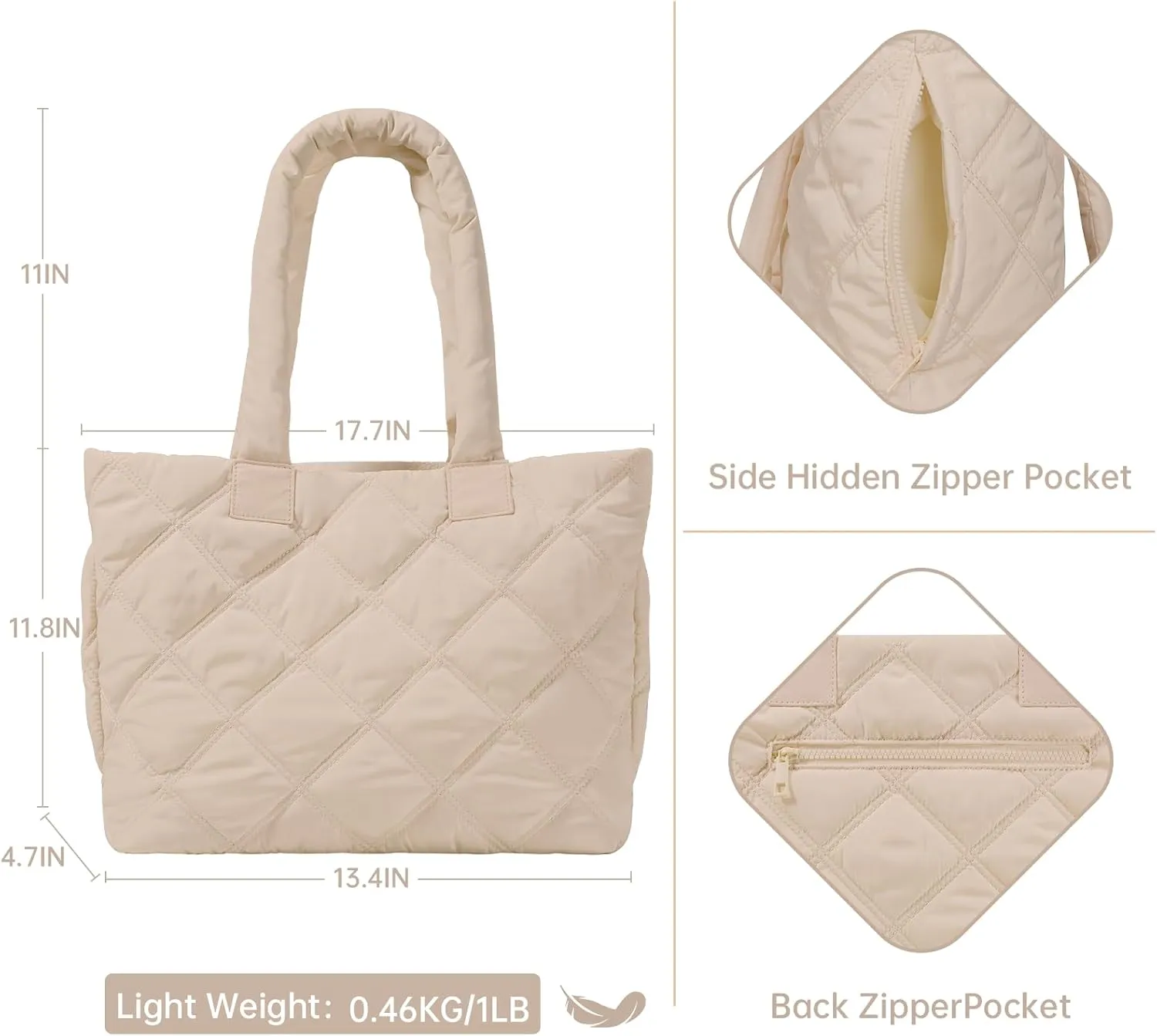 Tote Bag for Women, Puffer Bag with 15.6 Inch Compartment and Multi Pocket for Travel, Work, Gym