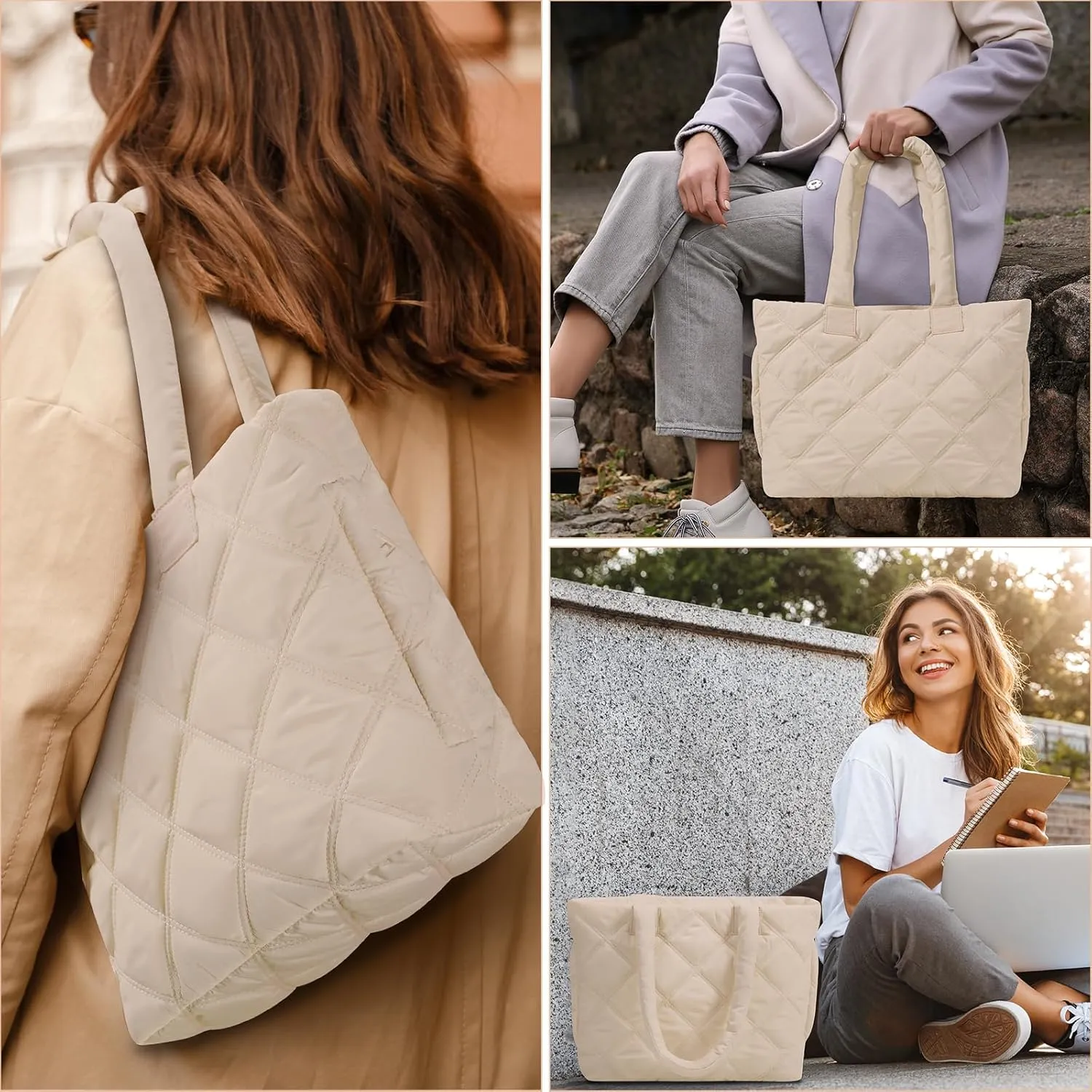 Tote Bag for Women, Puffer Bag with 15.6 Inch Compartment and Multi Pocket for Travel, Work, Gym
