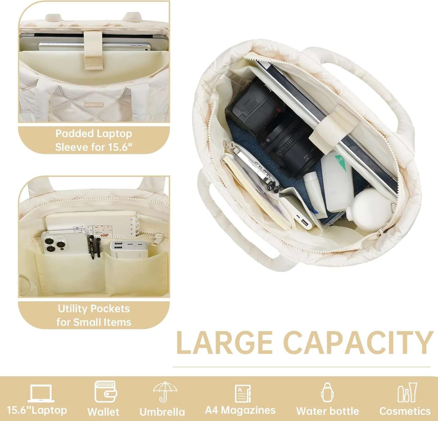 Tote Bag for Women, Puffer Bag with 15.6 Inch Compartment and Multi Pocket for Travel, Work, Gym