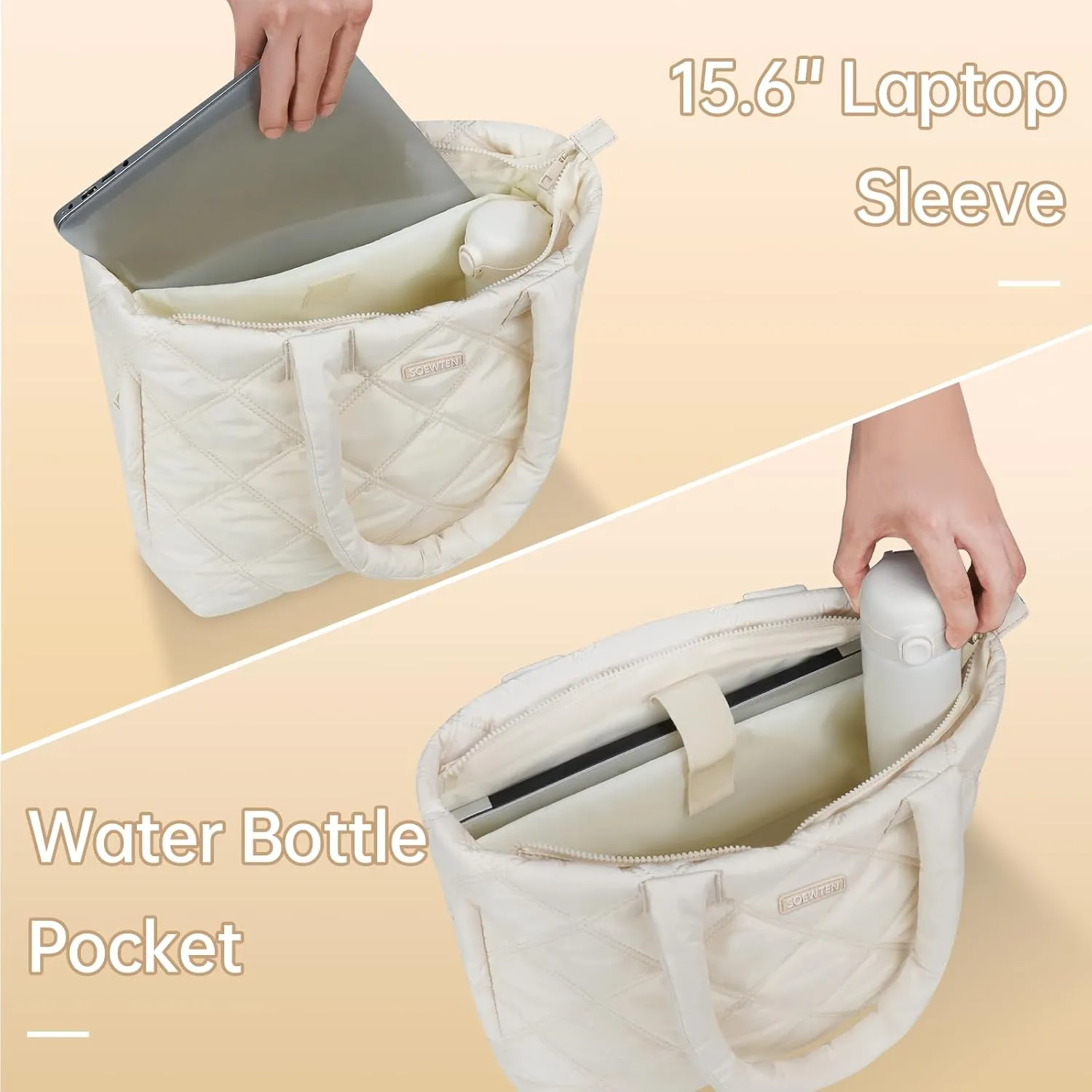 Tote Bag for Women, Puffer Bag with 15.6 Inch Compartment and Multi Pocket for Travel, Work, Gym