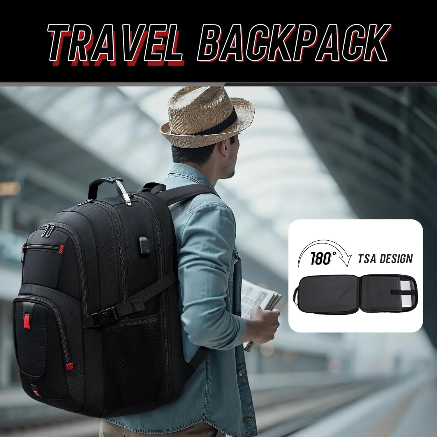 Travel Backpack, 50L Extra Large Travel Laptop backpack, Travel Backpack for Men Women with TSA Airline Approved Luggage Bussiness Backpack, Work Bag with USB Charge Port Fits 17 Inch Computer, Black
