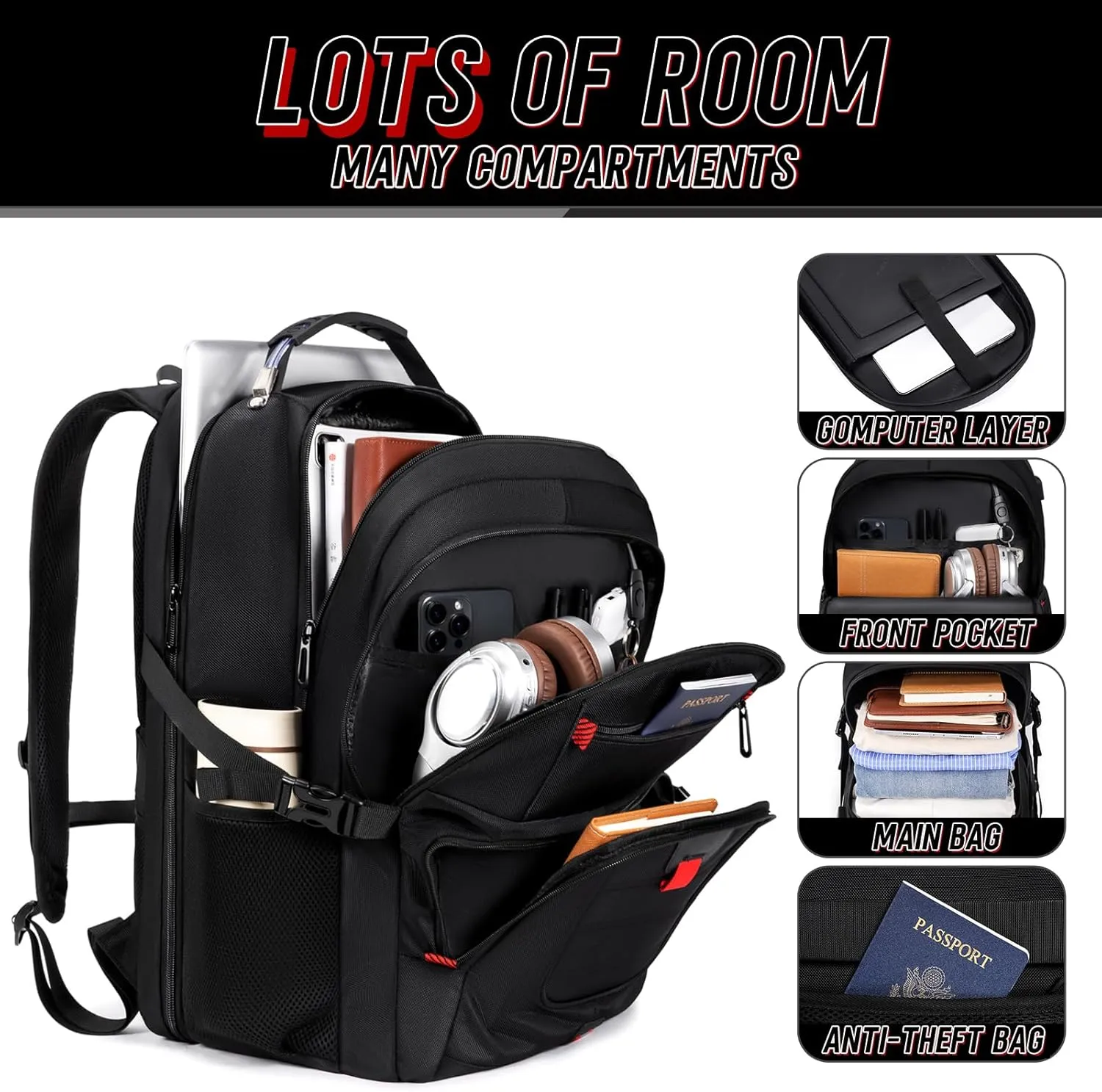 Travel Backpack, 50L Extra Large Travel Laptop backpack, Travel Backpack for Men Women with TSA Airline Approved Luggage Bussiness Backpack, Work Bag with USB Charge Port Fits 17 Inch Computer, Black