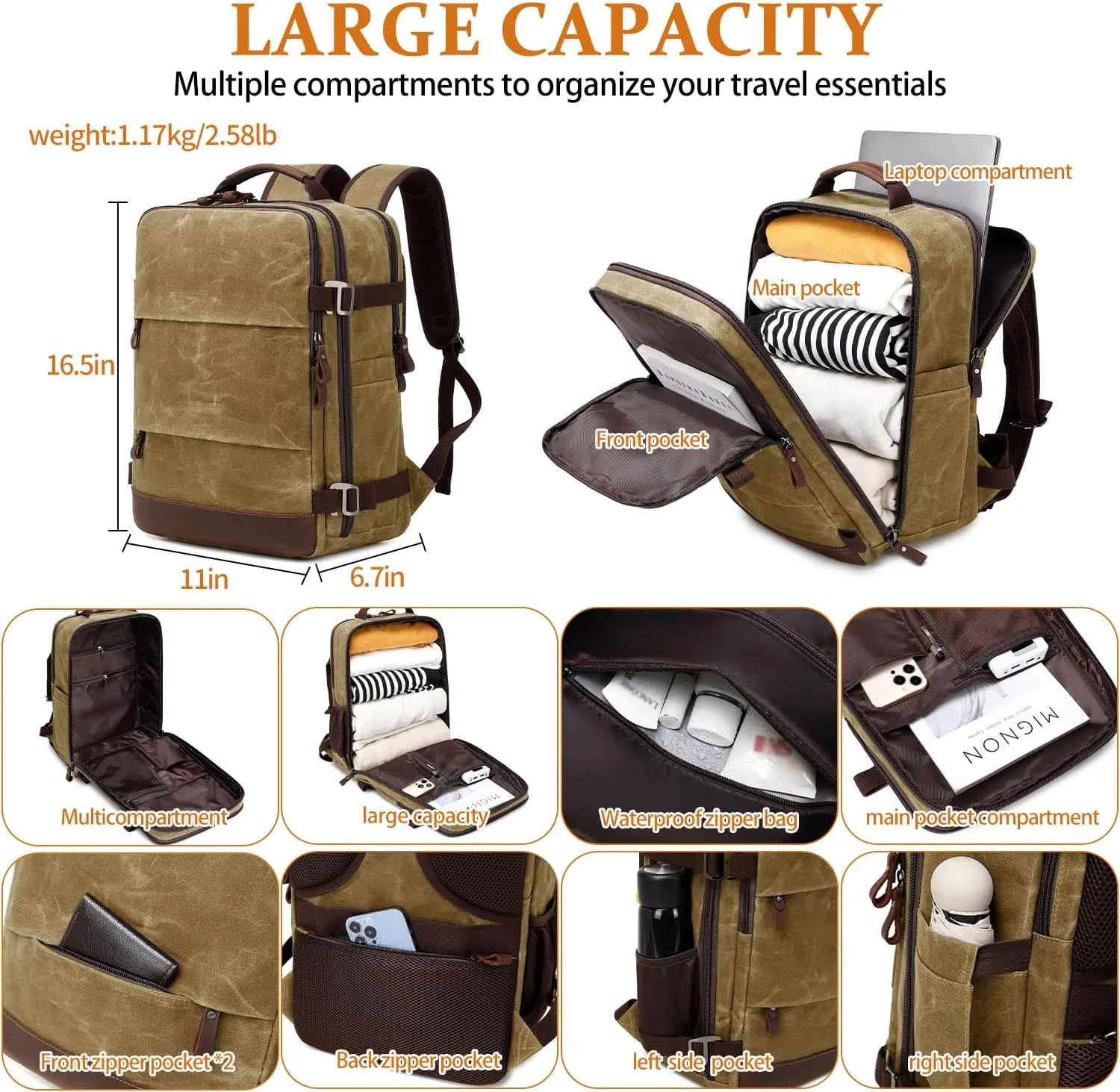 Travel Backpack for Men Carry On Backpack Flight Approved Personal Item Backpack, 17 inch Laptop Backpack Casual Daypack Weekender Business Hiking Backpack, Brown