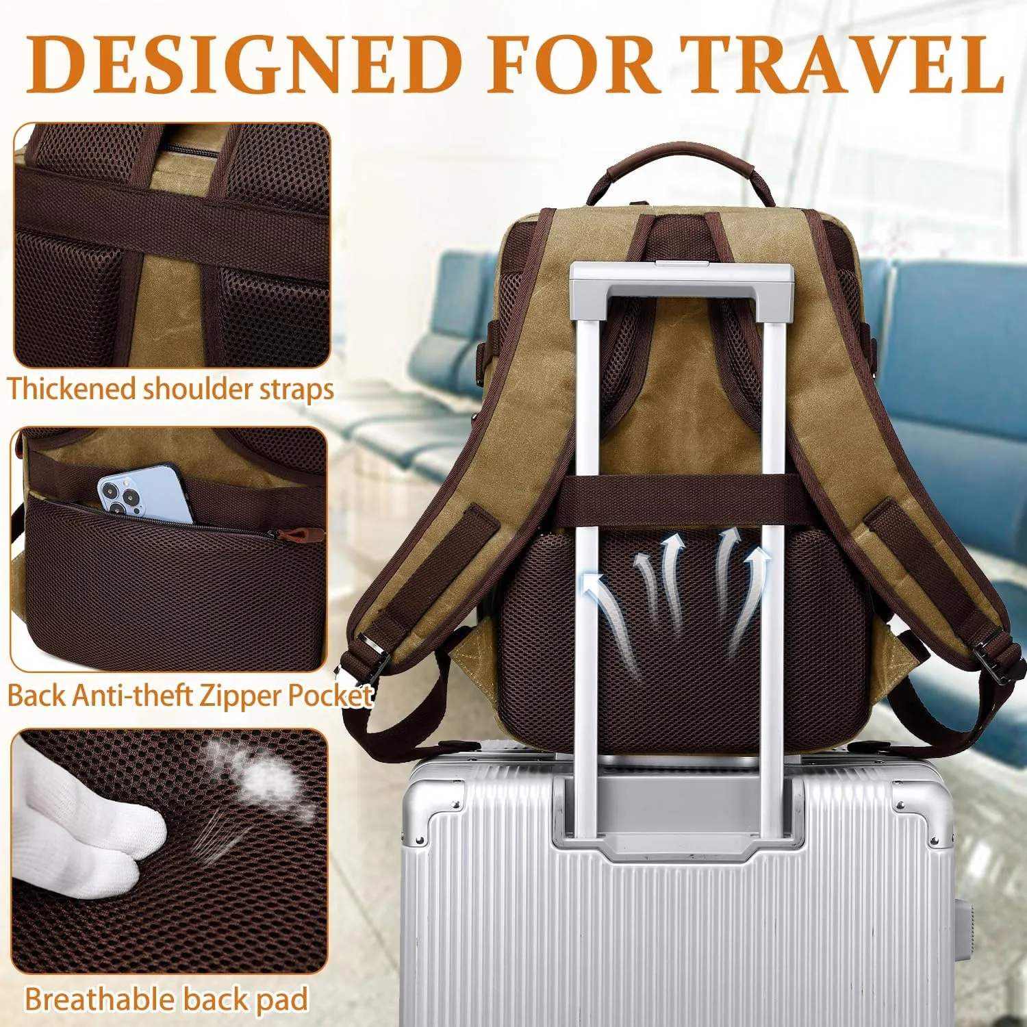 Travel Backpack for Men Carry On Backpack Flight Approved Personal Item Backpack, 17 inch Laptop Backpack Casual Daypack Weekender Business Hiking Backpack, Brown