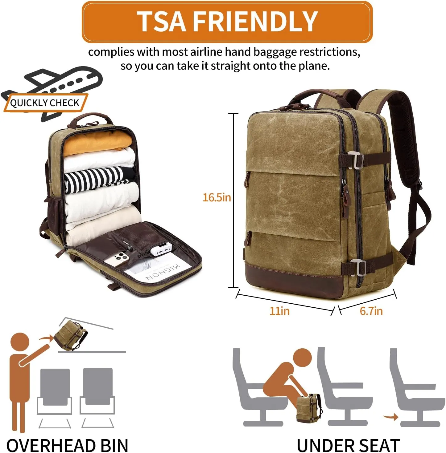 Travel Backpack for Men Carry On Backpack Flight Approved Personal Item Backpack, 17 inch Laptop Backpack Casual Daypack Weekender Business Hiking Backpack, Brown