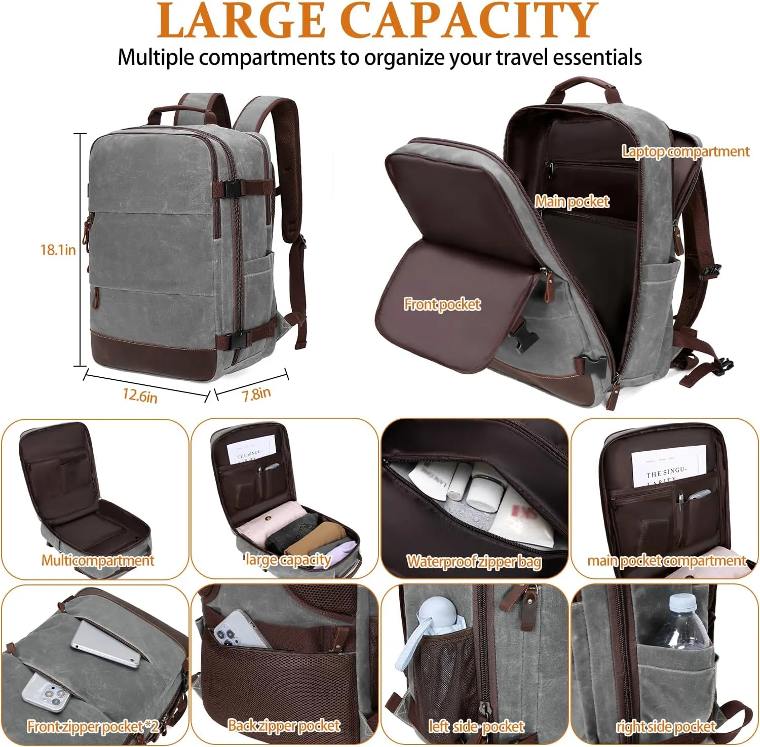 Travel Backpack for Men Carry On Backpack Flight Approved Personal Item Backpack, 18.4 inch Laptop Backpack Casual Daypack Weekender Business Hiking Backpack, Gray