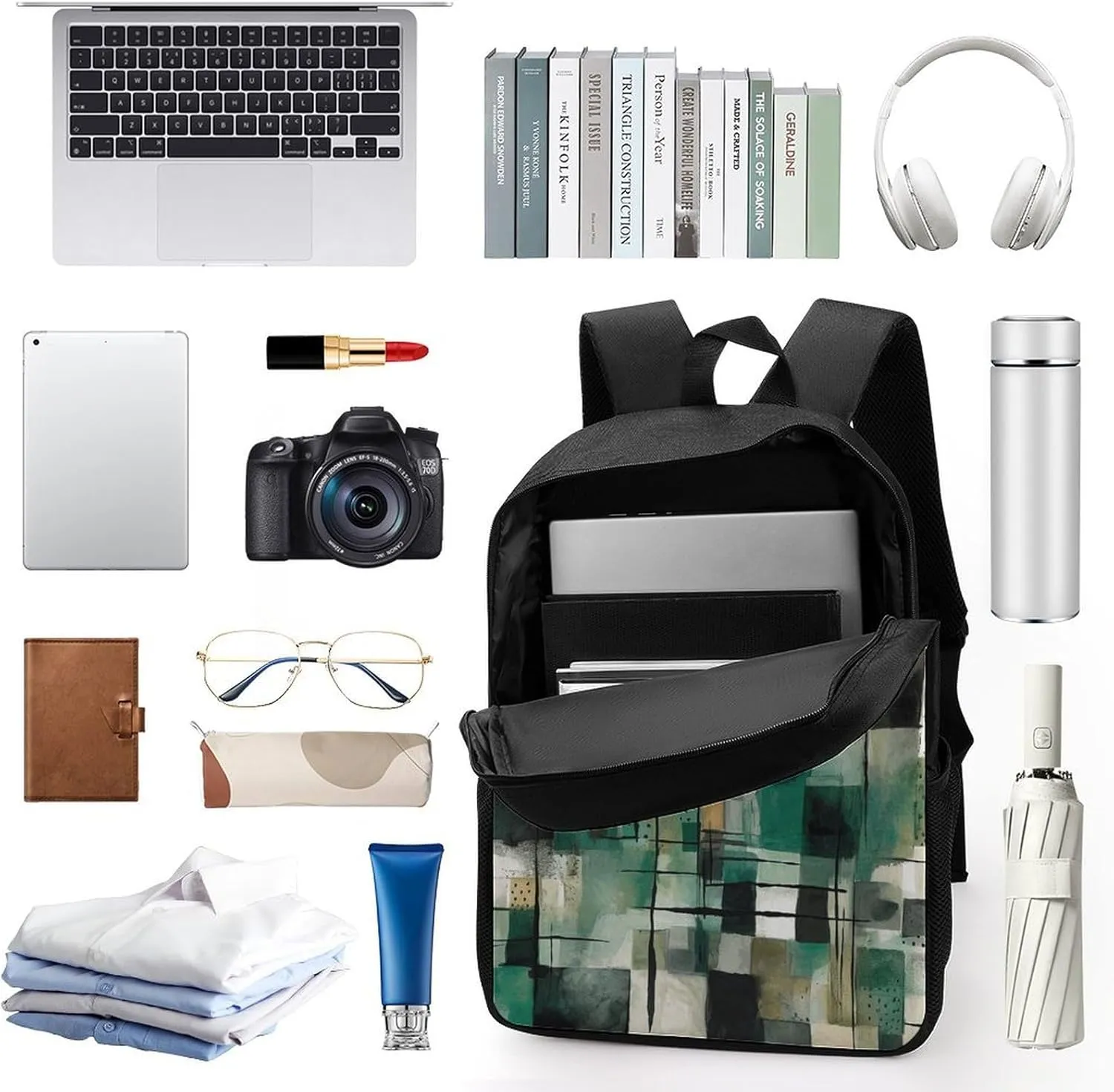 Travel Backpack for Men Women Daypack Green Square Pattern Laptop Backpack Computer Bag Business Work Bag for Work