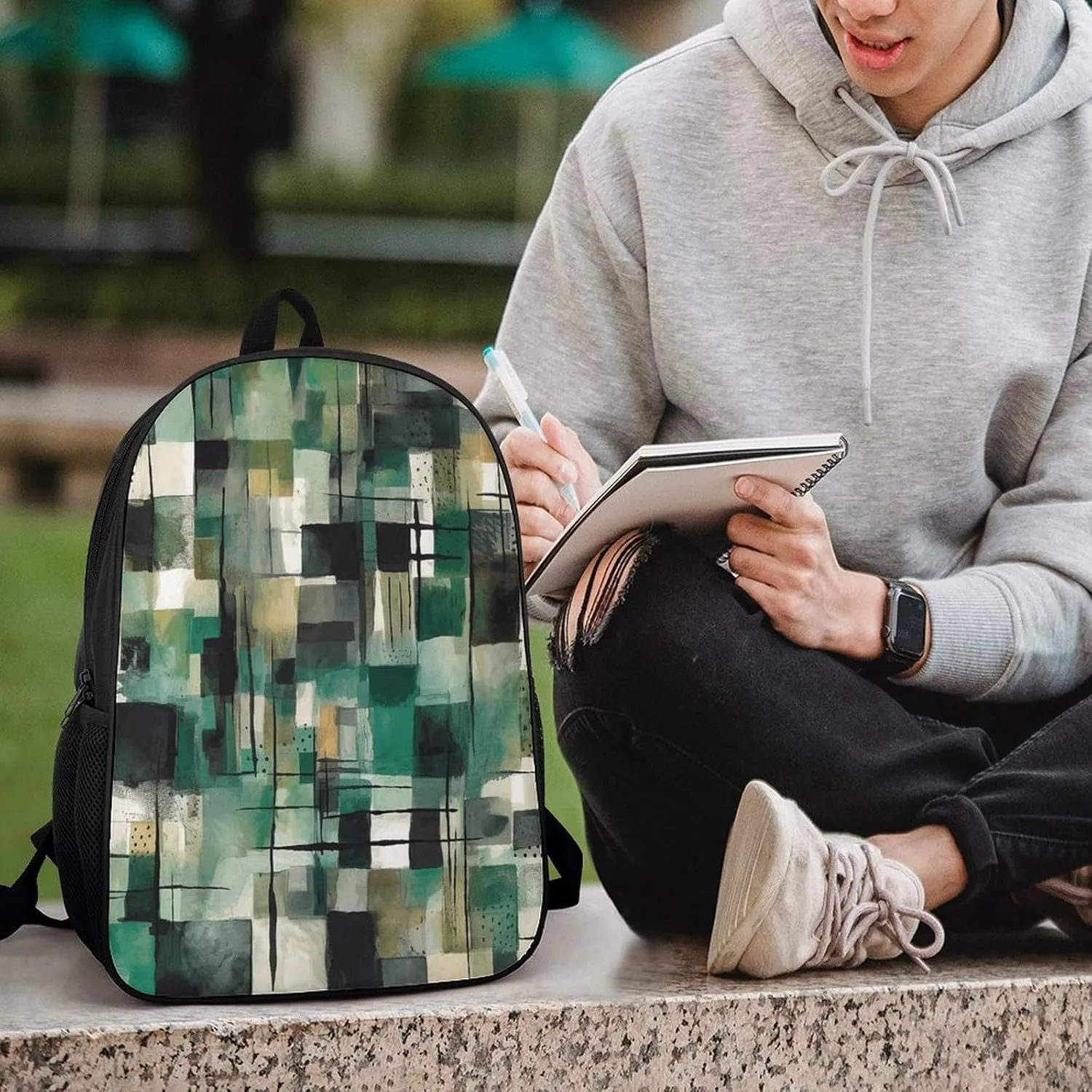 Travel Backpack for Men Women Daypack Green Square Pattern Laptop Backpack Computer Bag Business Work Bag for Work