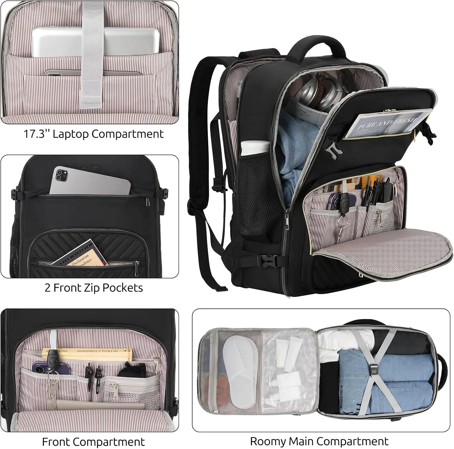 Travel Backpack for Women, Carry On Backpack for Airplanes Flight Approved, Waterproof Large Weekender Overnight Bag Fit 17 Inch Laptop, Black