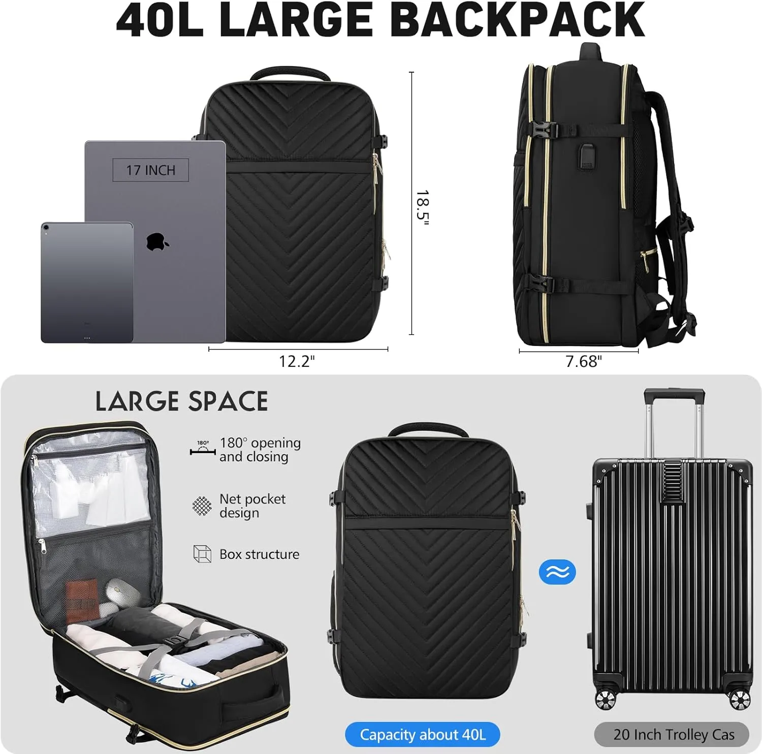 Travel Backpack for Women, Flight Approved Carry On Backpack for Airplanes, Large 40L Suitcase Backpacks Lightweight Luggage Bags Fit 17 Inch Laptop, Black