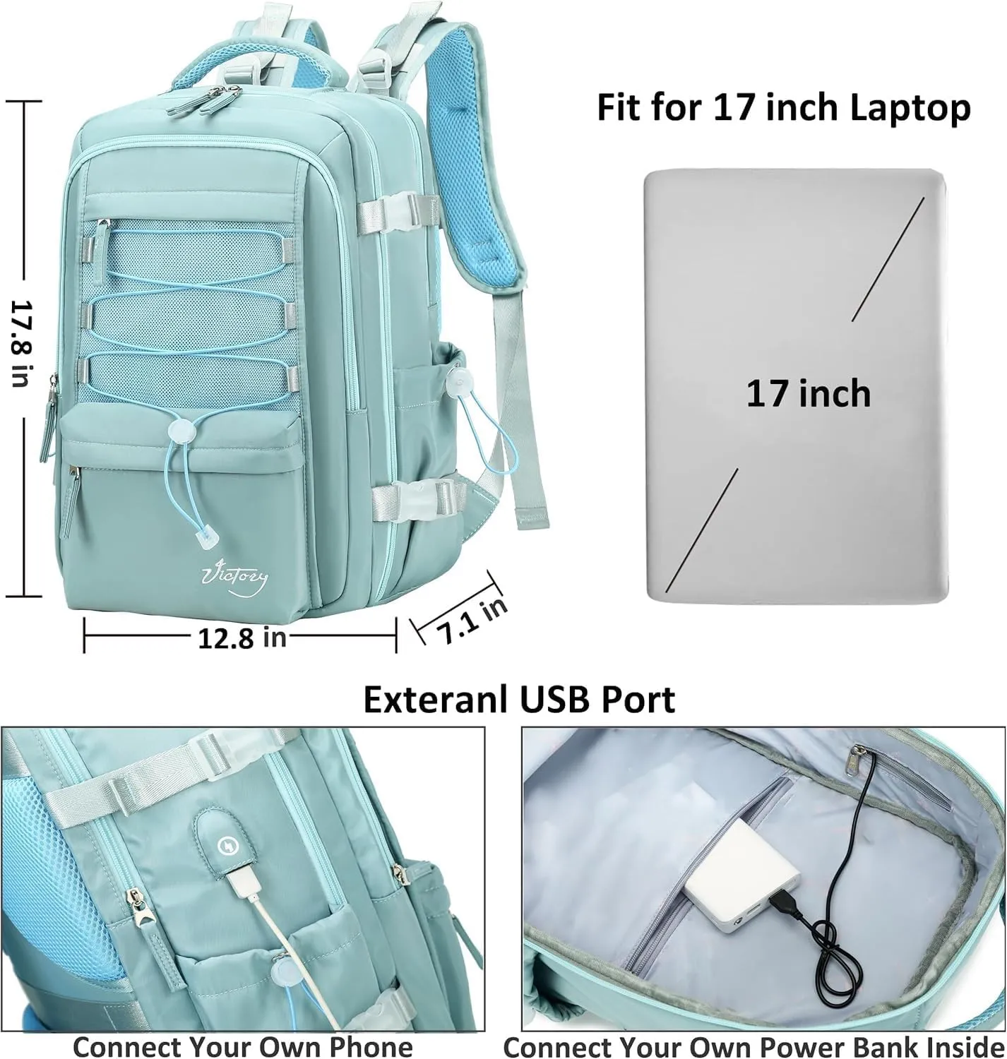 Travel Backpack for Women Men 17 Inch Laptop Backpacks with USB Port Carry on Bag Airline Approved Large College School Bookbags Waterproof Work Business Sport Rucksack Casual Daypack (Green)