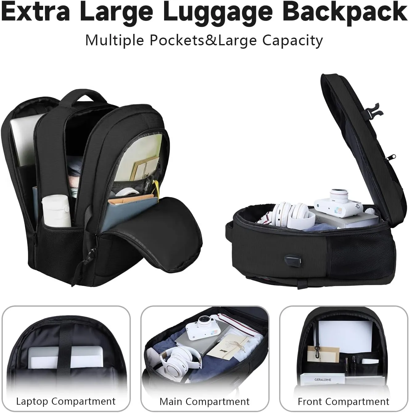 Travel Backpack, Large Carry on Backpack, 17 Inch Laptop Bag, Big Sturdy TSA-Friendly with USB Port College School Rucksack Bag, Gifts for Him Men Women, Black