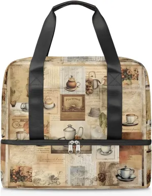Travel Duffel Bags Newspaper Tea Sports Gym Bag with Wet Pocket & Shoes Compartment Large Duffel Bags Waterproof Overnight Bag Weekender Bags for Women Men