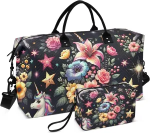 Travel Duffle Bag, Adorable Unicorns and Celebrity Flowers Gym Bag with Storage Bag Weekender Overnight Bag for Men Women Trip Sports Yoga