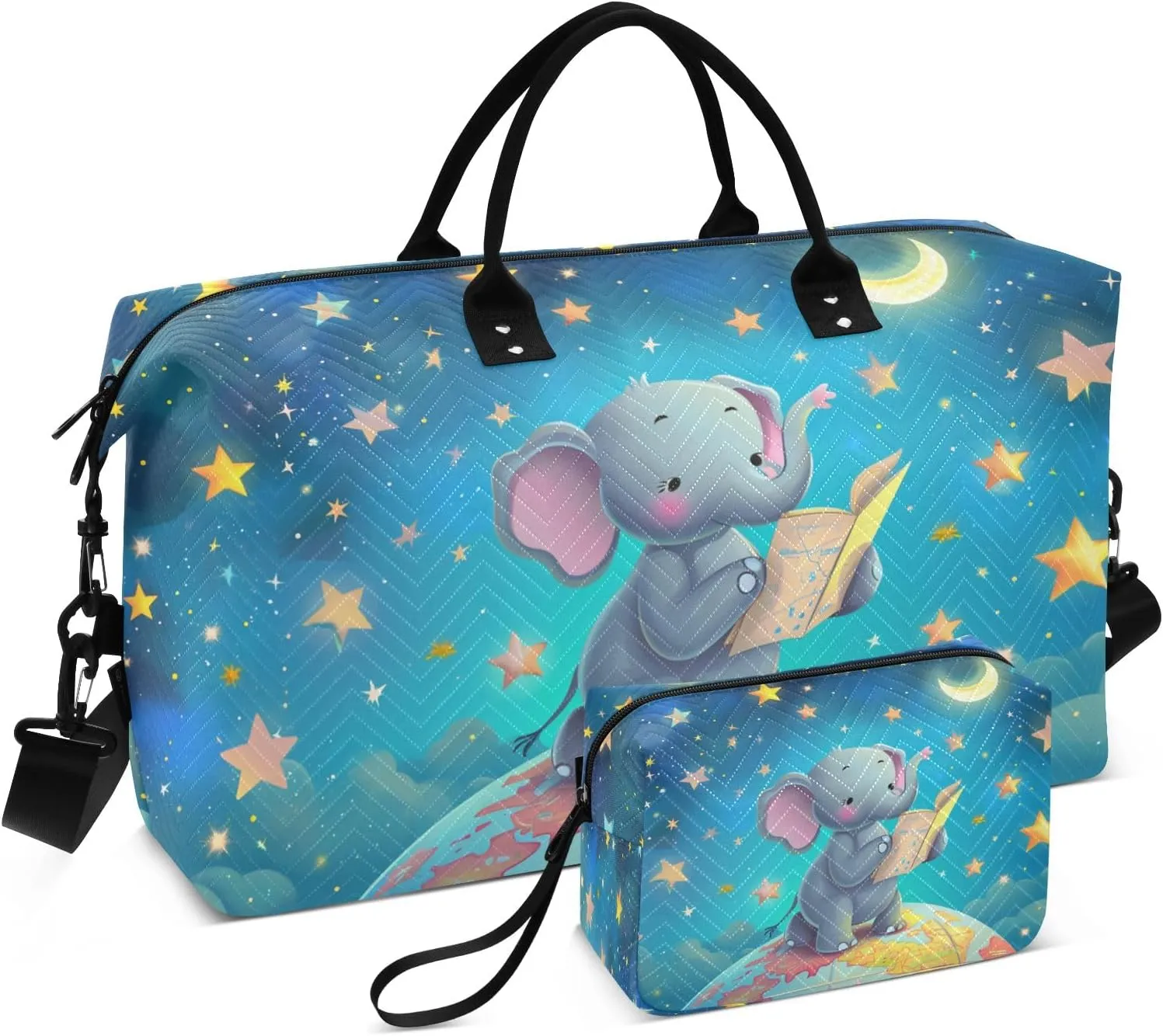 Travel Duffle Bag, Elephant Read Book Starry Sky Gym Bag with Storage Bag Weekender Overnight Bag for Men Women Trip Sports Yoga